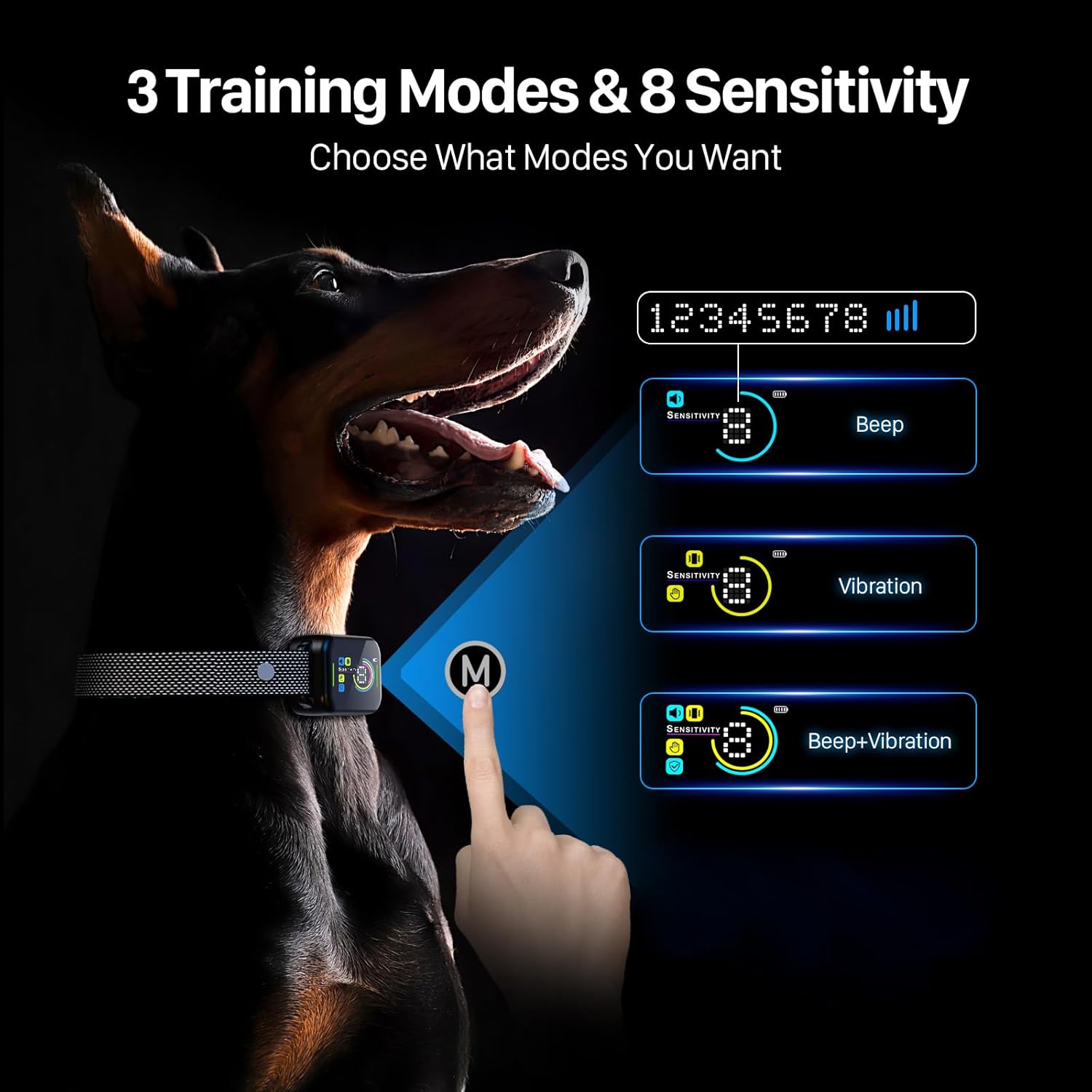 Diagram showing three training modes: Beep, Vibration, and Beep+Vibration, with a hand pressing the 'M' button on the collar.