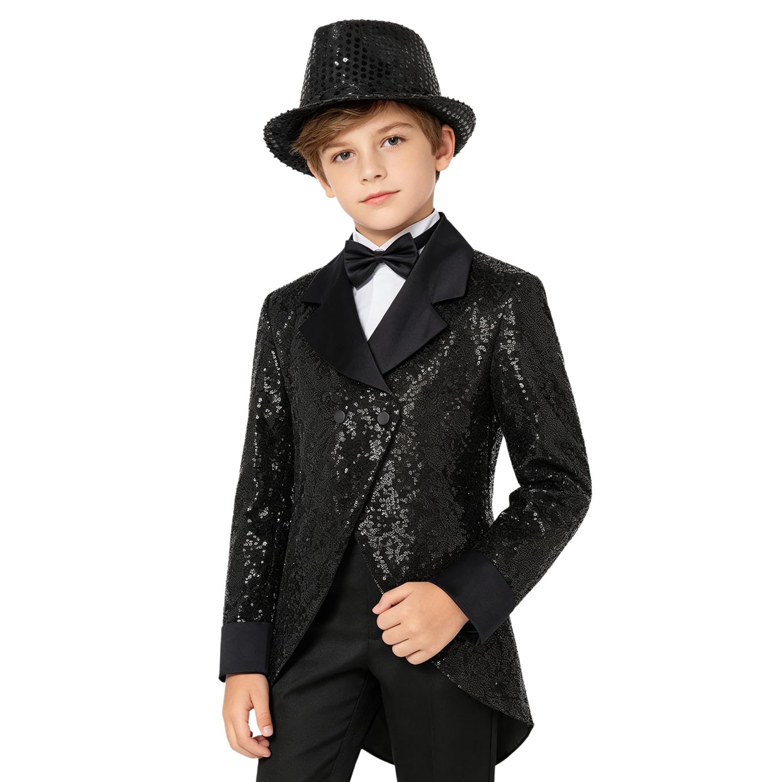 inhzoy Kinder Jungen Anzugjacke Glitzer Kinderanzug Smoking Glitzer Partyhüte Kopfbedeckung Revers Elegant Sakko Kinderanzug Party