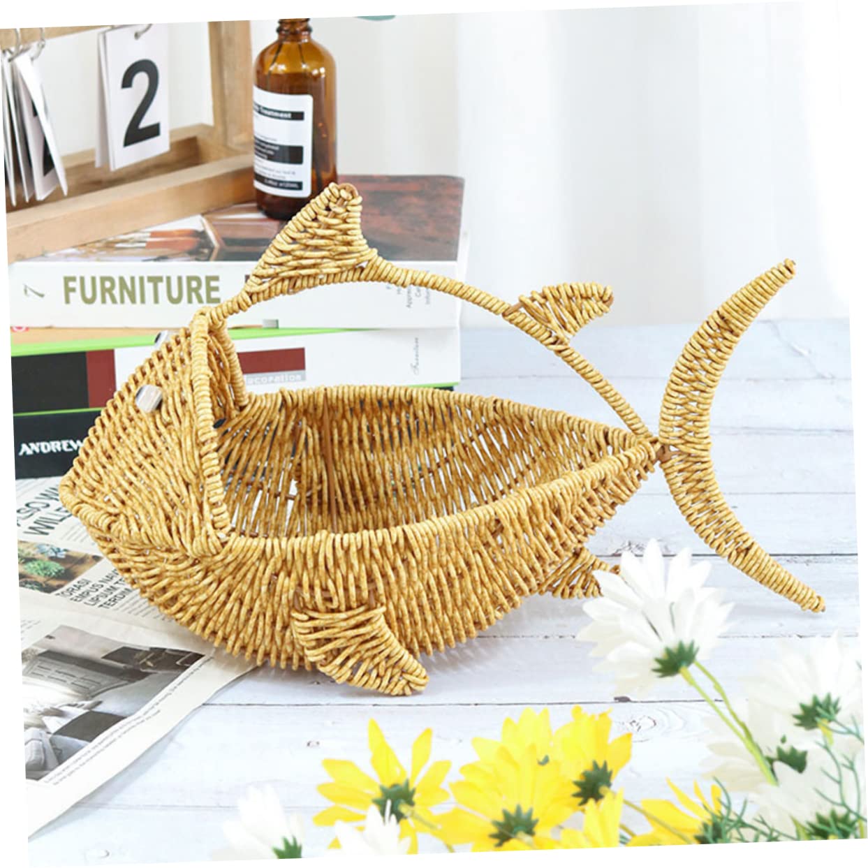 VICASKY Cesto Intrecciato in Plastica Porta Frutta Motivo a Pesce, Base Piatta e Stabile, Contenitore Decorativo per Snack e Verdura, Adatto per Cucina e Sala da Pranzo