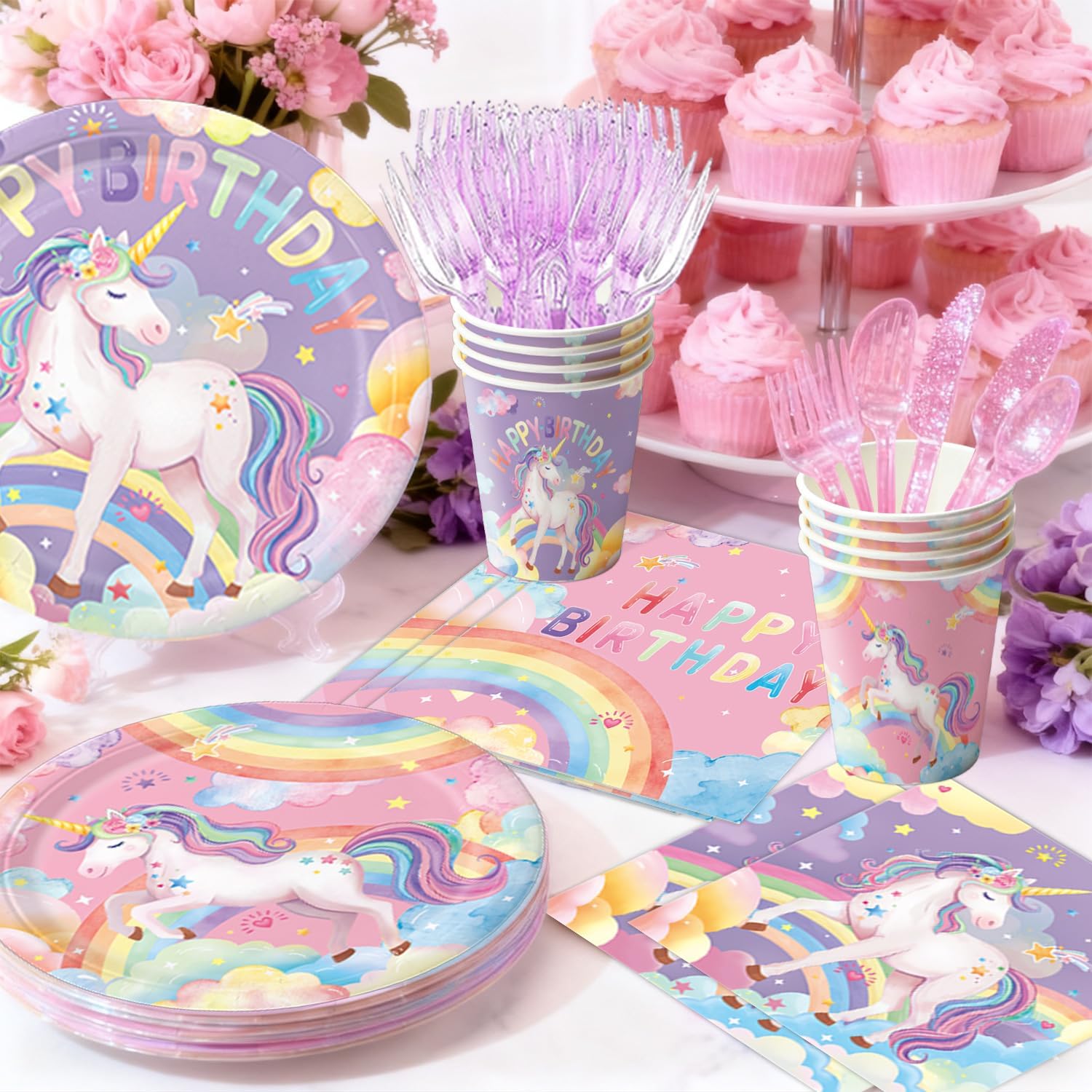Unicorn Birthday Decorations - Plates, Napkins, Cups, Cutlery, Hanging Swirls, Banner, Honeycomb Centerpiece, Balloons, Tablecloths for Rainbow Girls Birthday Party Decorations, Serves 24 - Image 3