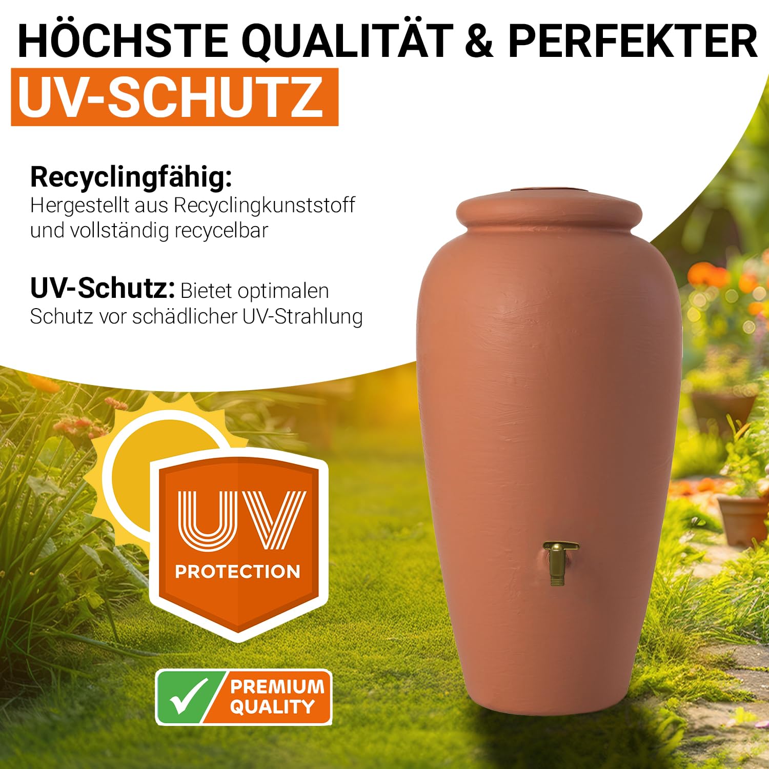 GARANTIA Amphore Regentonne Komplett-Set 300 Liter terrakotta | inkl. Kunststoff-Auslaufhahn und Fallrohranschluss, Regentonne 300 Liter, Regenfass, Wassertank, Wassertonnen für Garten