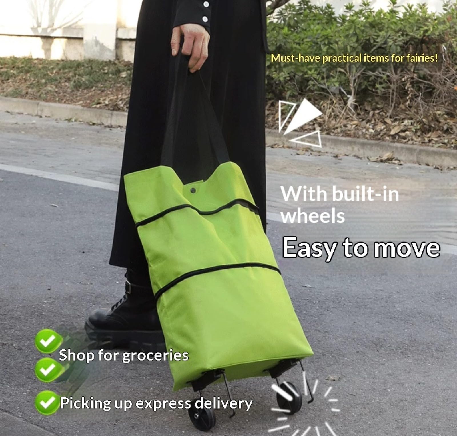 Carrello da spesa portatile, carrello pieghevole leggero con ruote, per uso domestico, per prelevare i pacchi, piccolo triciclo (nero).