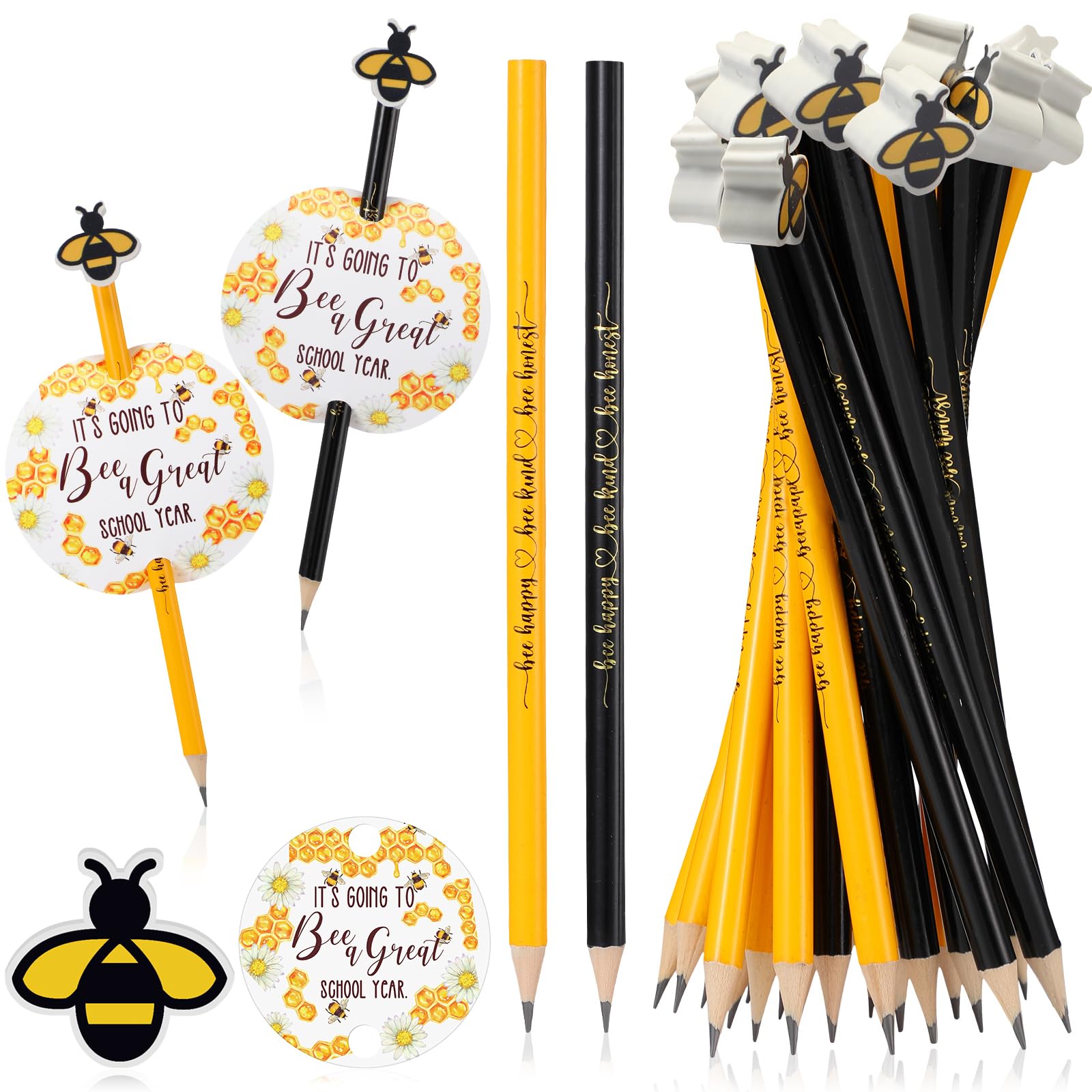 PerKoop 50 Sets Bee Themed Gifts Back to School Gifts with Presharpened Cute Bee Pencils and Erasers Motivational Postcards Classroom for Students