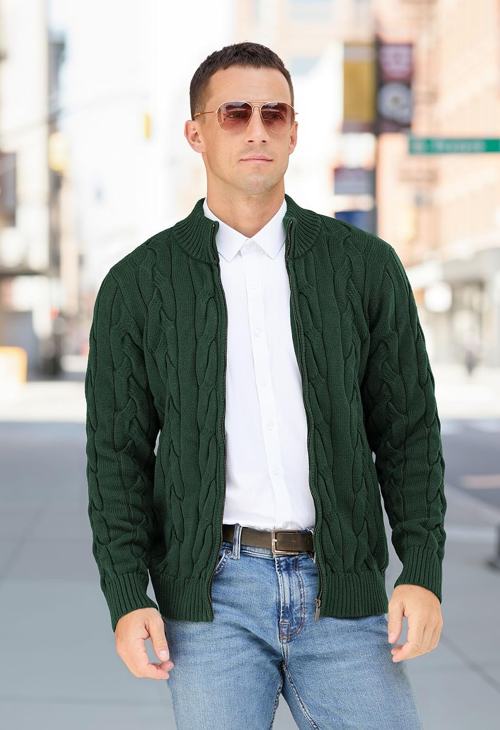 NITAGUT Mens Full Zip Up Cardigan Sweater Casual Stand Collar Cable Knit Winter Sweaters
