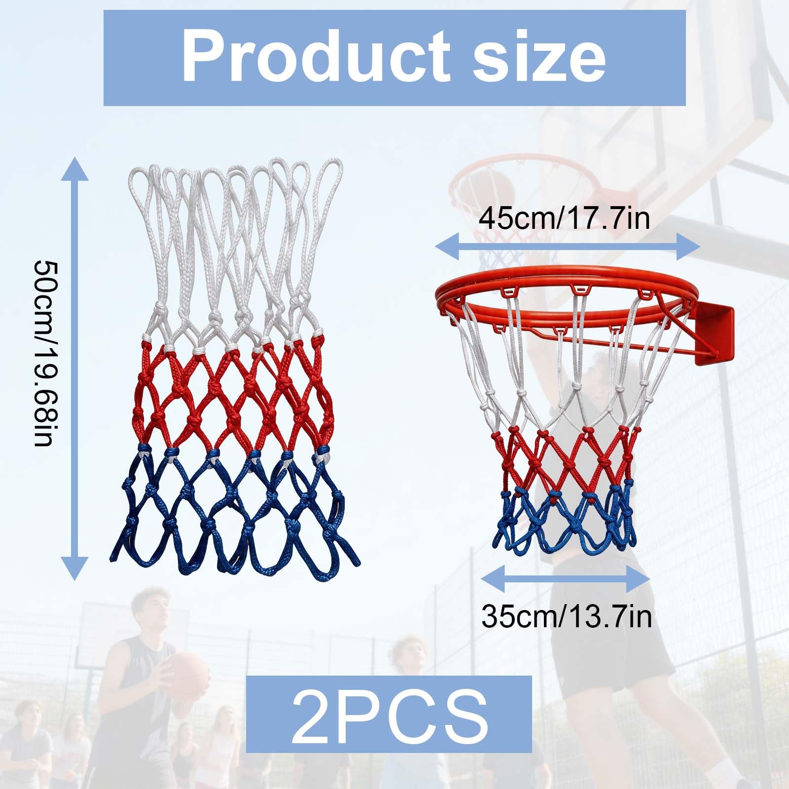 Red de Baloncesto Tricolor Blanco Azul Rojo Pack 4 Redes Aro Estándar 12 Lazos Poliéster Resistente para Interior Exterior Canasta