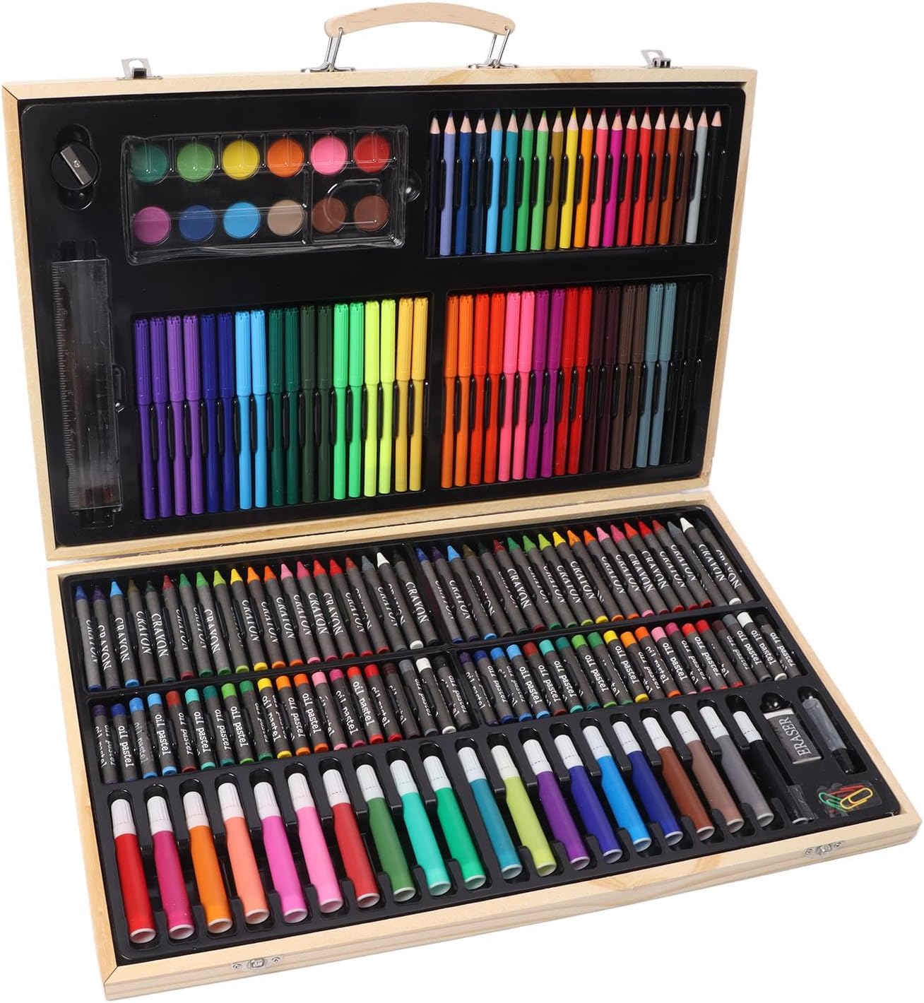 Kids Drawing Kit Wooden Art Set, Children's Multi Purpose Art Supplies with 12 Watercolor Cakes 40 Crayons 40 Oil Pastels 56 Pens 20 Pencils, Organized in Wood Box for Home School