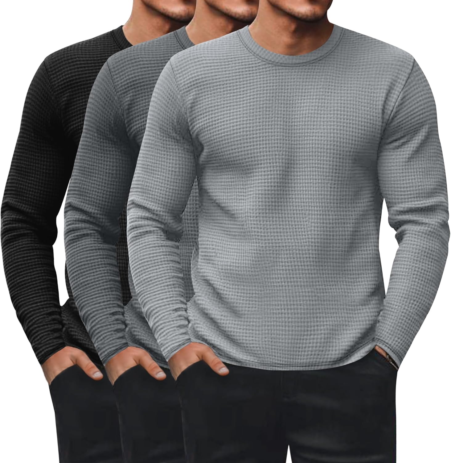 Ficerd 3 Pack Men's Waffle Long Sleeve Shirts, Crew Neck Thermal Underwear Tops Casual Pullover Sweaters Knit Undershirts