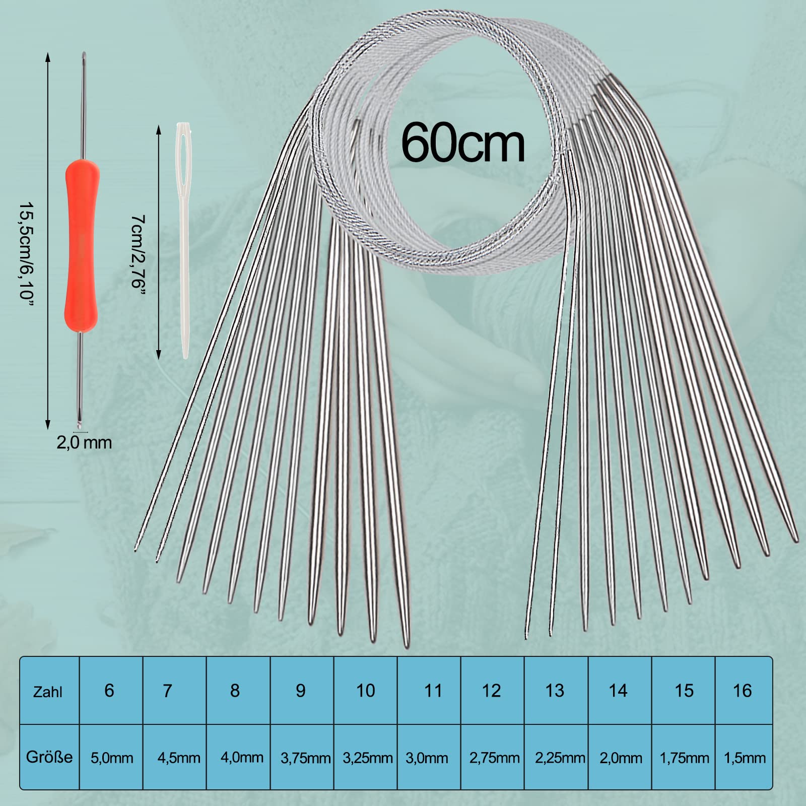 Aeeque Kit 11 Aiguilles Circulaires Tricot 40 Cm – Acier Inox 1,5 à 5,0 Mm – Idéal Débutants, Arthrite, Chaussettes, Bonnets, Snoods