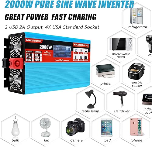 Miniatura 3 de POWLAND Inversor de corriente de 2000 W4000 W (pico) para inversor de vehículo CC 12 V a 110 V CA, convertidor de inversor de automóvil con puerto