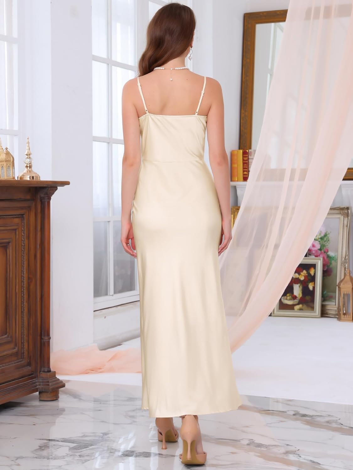 Women's Satin Dresses Spaghetti Strap Midi Cowl Neck Party Cocktail Evening Dress - Image 4