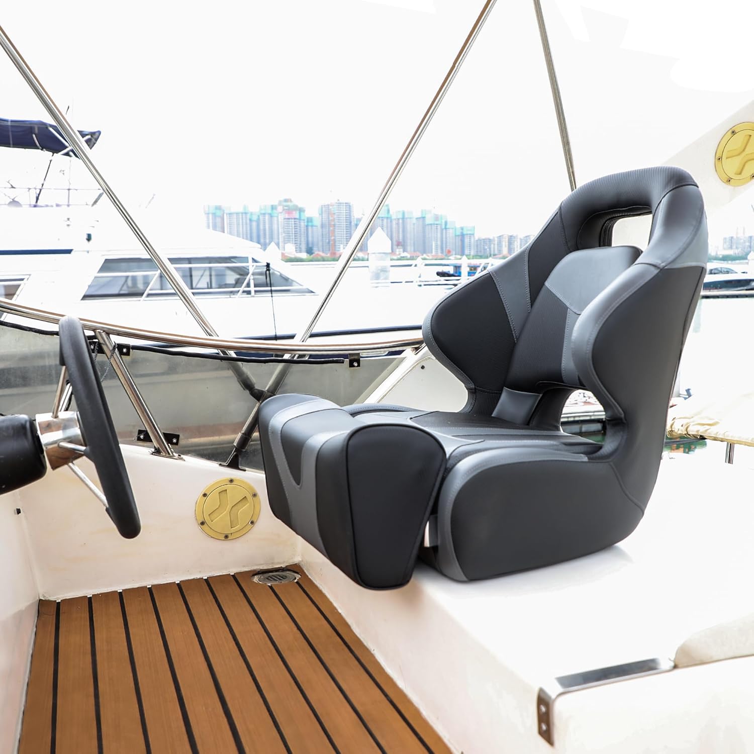 Premium Pontoon Boat Seat Bucket Seat with Sport Flip Up Bolster,Captain Chair with Seat Cover,Charcoal/Black