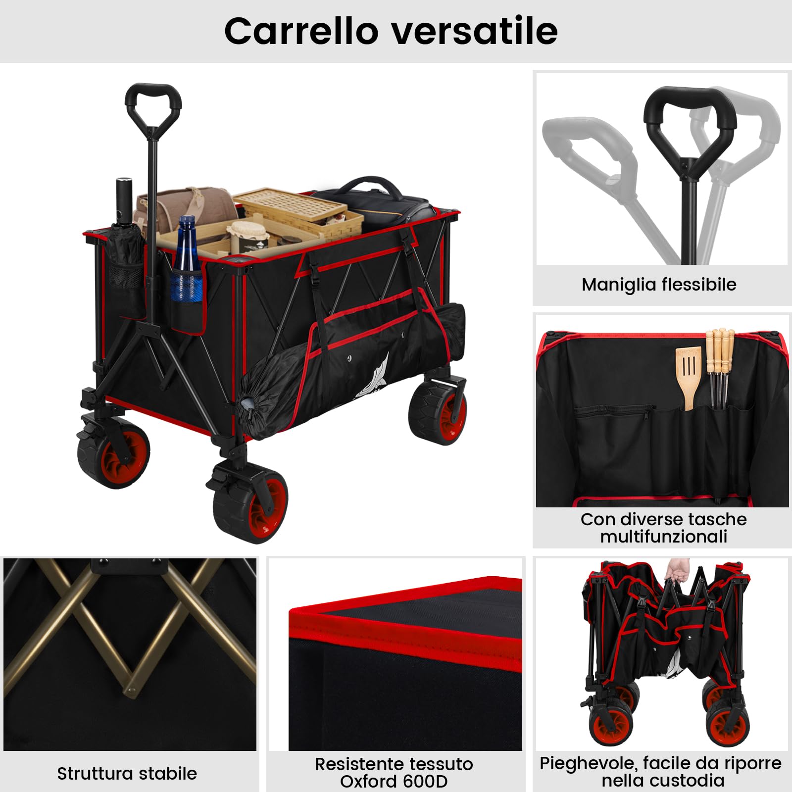 WOLTU Carrello Pieghevole con Ruote da Spiaggia, Giardino, Campeggio, Viaggio, Spesa, con Borsa di Trasporto, Oxford+Acciaio, Nero+Rosso