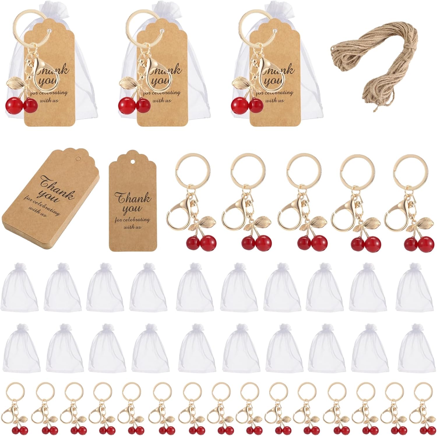 20 Pcs Cherry Keychain Party Favor With Thank You Tag, Lovely Fruit Charm Keyring Souvenir, Red Accessories Present For Guest Wedding Shower Birthday