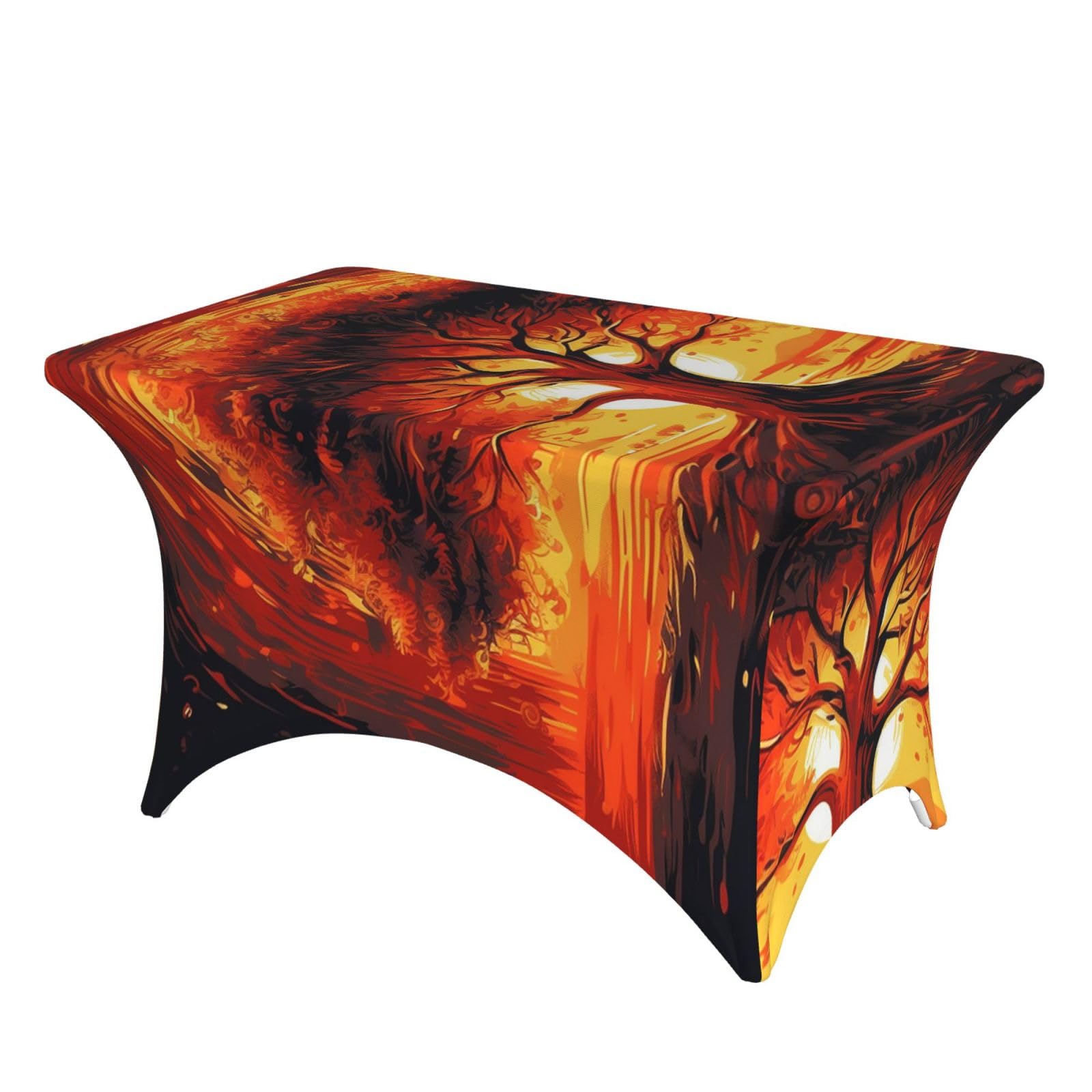 LKTPSKQRY 4ft Spandex Table Cloth For Rectangle Tables, Wrinkle Resistant Stretch Tablecloths Protector Burning Tree Of Life Washable Patio Table Cover For Wedding, Party, Banquet, Picnic