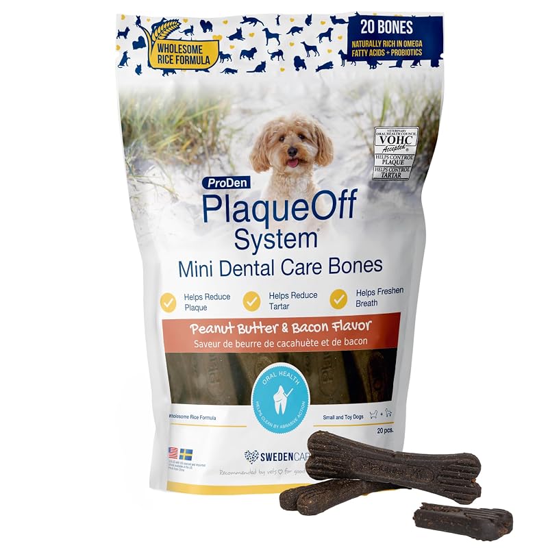 Ossos Dentais Mini para Cães ProDen PlaqueOff Sabor Pasta de Amendoim e Bacon Pacote com 20