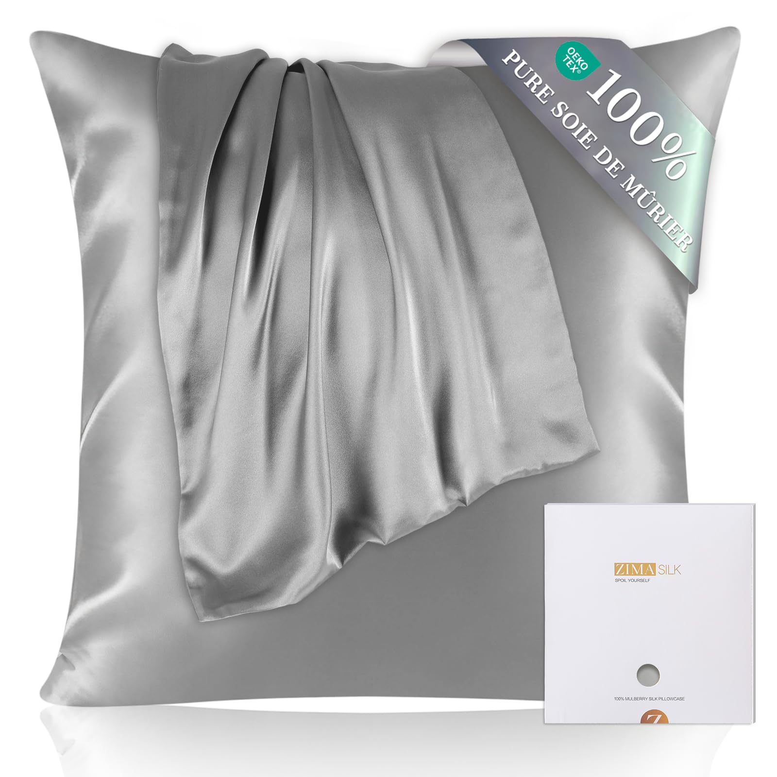 Zimasilk 100% Natural Mulberry Silk Pillowcase for Hair and Skin, 19 Momme Silk on Both Sides, 1 Piece, Silver Grey, 65 x 65 cm โ image 1