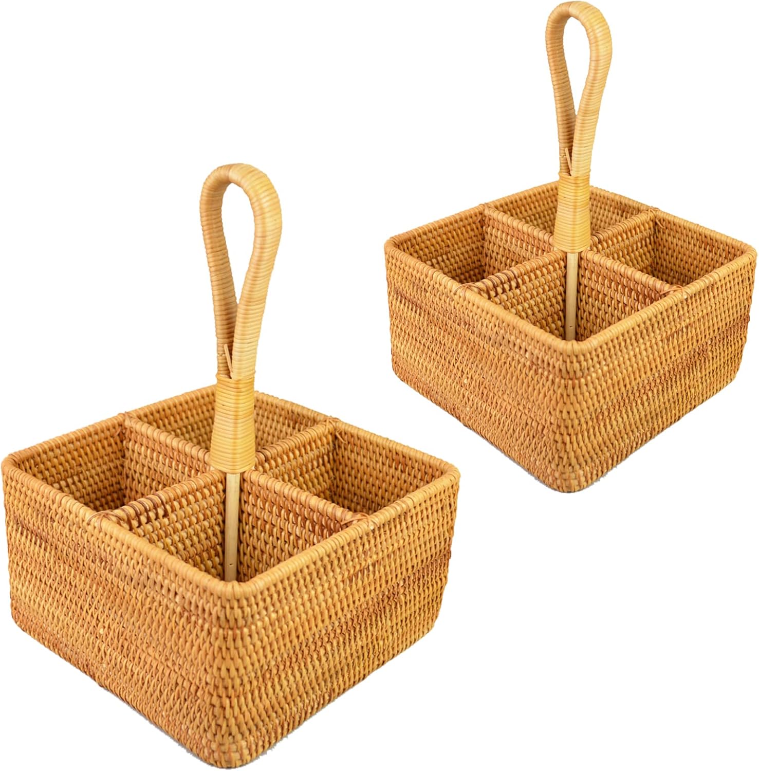i-lan Set of 2 Rattan Utensil Caddy with Handle (7 Inch) - 4-Section Woven Wicker Silverware Holder for Tea Bags & Condiments, Boho Divided Organizer Basket for Kitchen Countertop, Party & Picnic