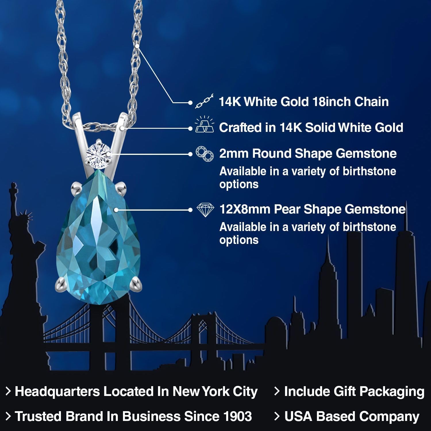 Gem Stone King 14K White Gold London Blue Topaz and White Moissanite Pendant Necklace for Women | 3.39 Cttw | Gemstone November Birthstone | Pear Shape 12X8MM | With 18 Inch Chain - Image 2