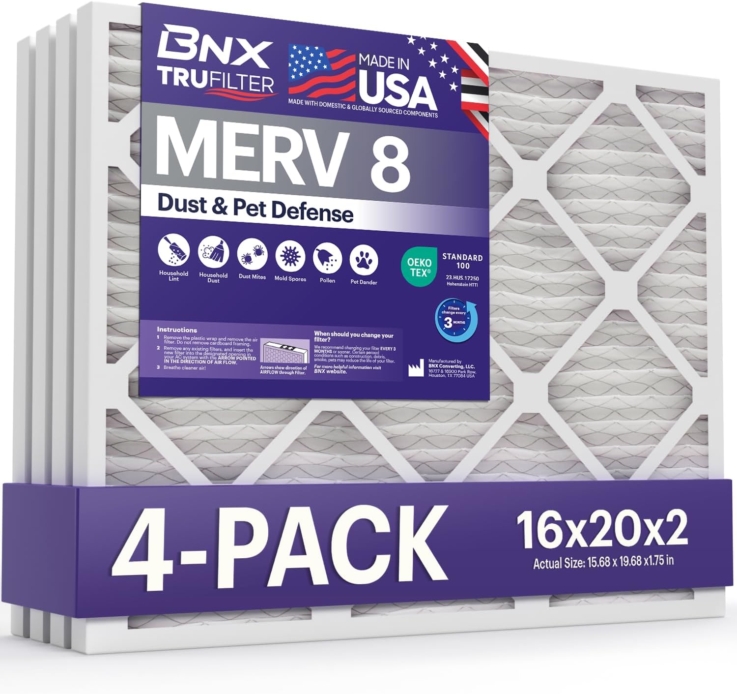 BNX TruFilter 16x20x2 Air Filter MERV 8 (4-Pack) - Made in USA