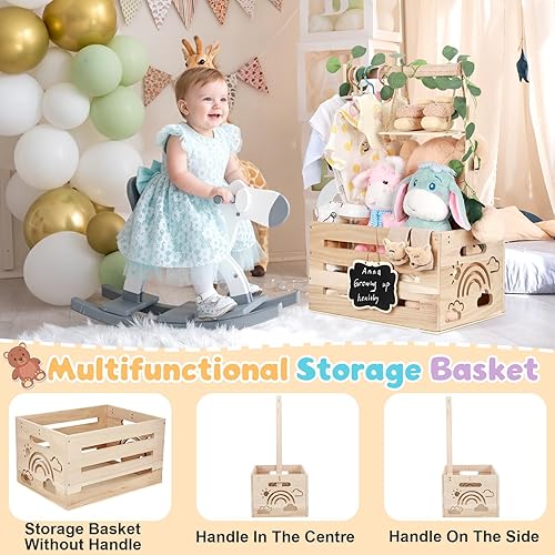 Miniatura 8 de Armario de madera para baby shower con asa, perchas y guirnalda, cesta de bebé de gran capacidad para baby shower, caja de madera personalizable