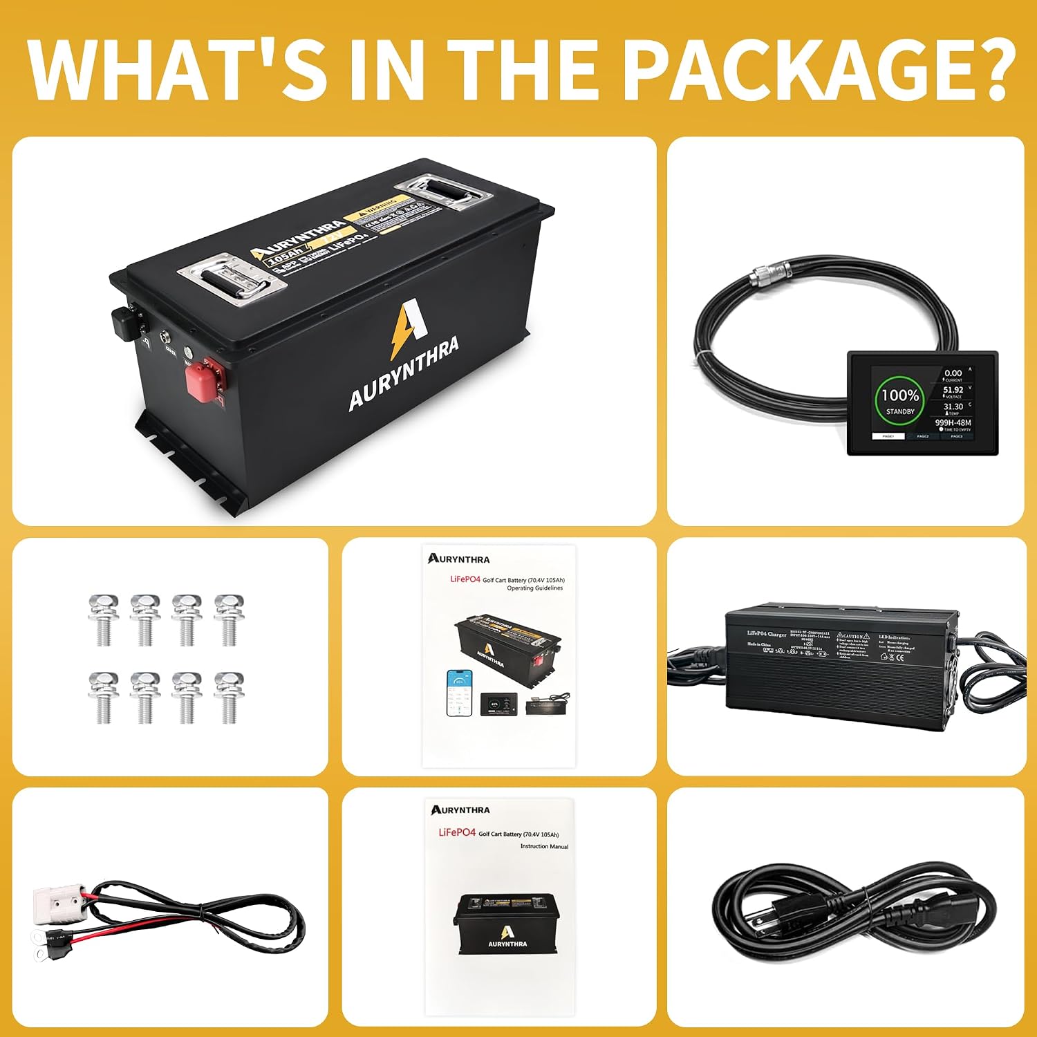 72V(70.4V) 105Ah LiFePO4 Golf Cart Battery, Built-in 200A BMS, with Touch Monitor & APP, 2C Discharge, Max 14.08kW Power Output, 4000+ Times LiFePO4 Battery, Suitable for Golf Cart & Ship