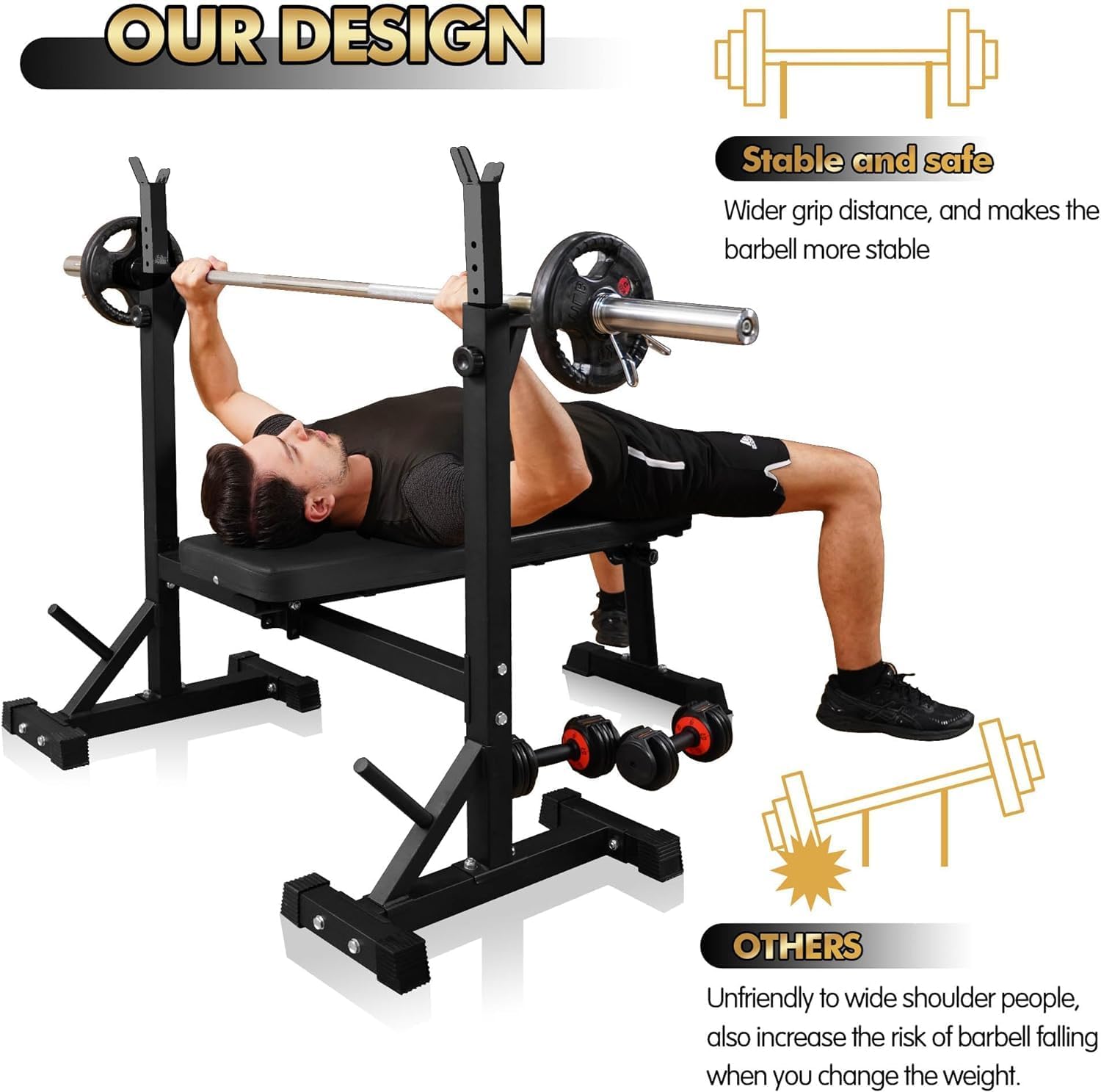 Bench Press, Olympic Weight Bench with Squat Rack Workout Bench Adjustable Barbell Rack Stand Strength Training Home Gym Multi-Function