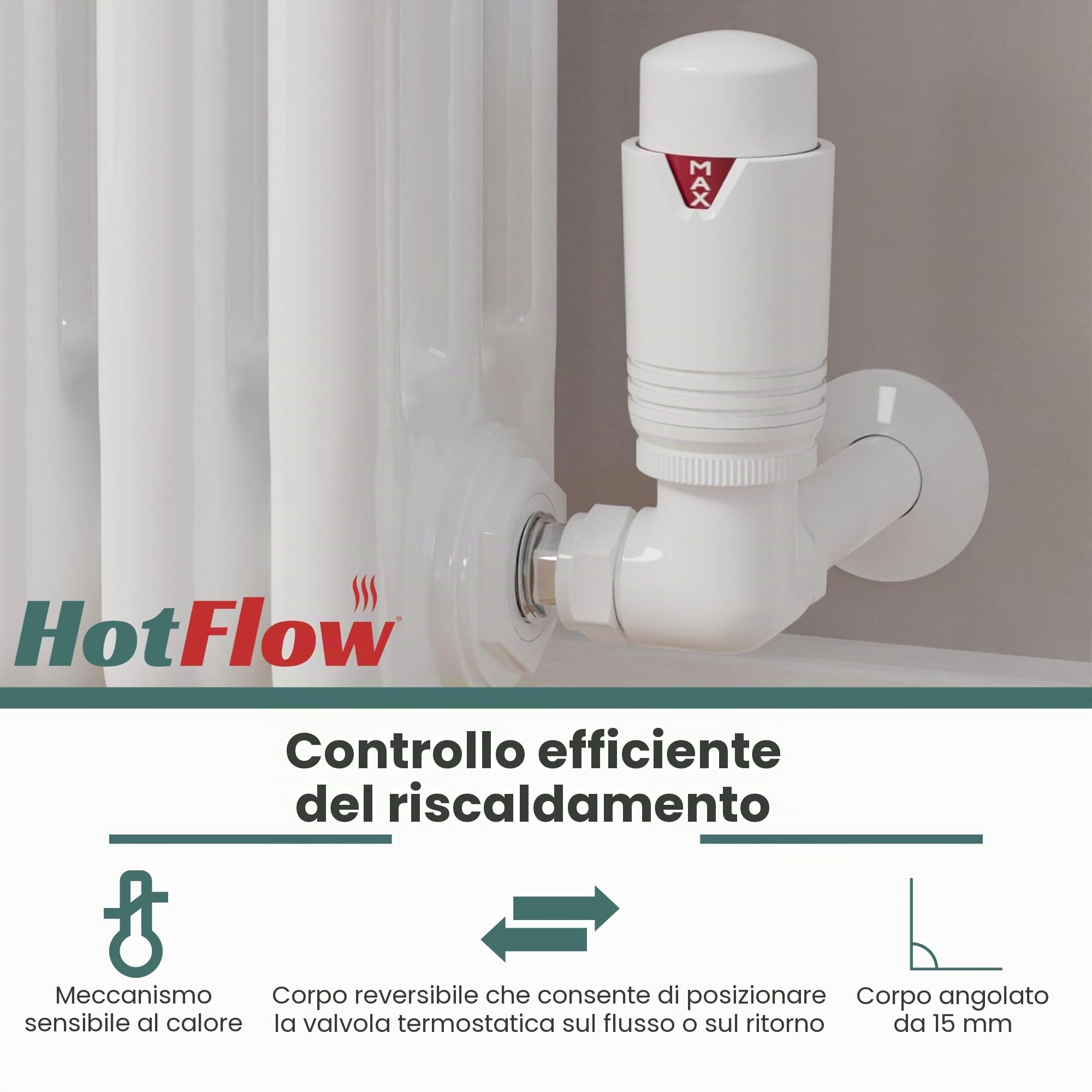 Valvola termostatica TRV completamente bianca, coppia di valvole con testa ruota e scudo blocco