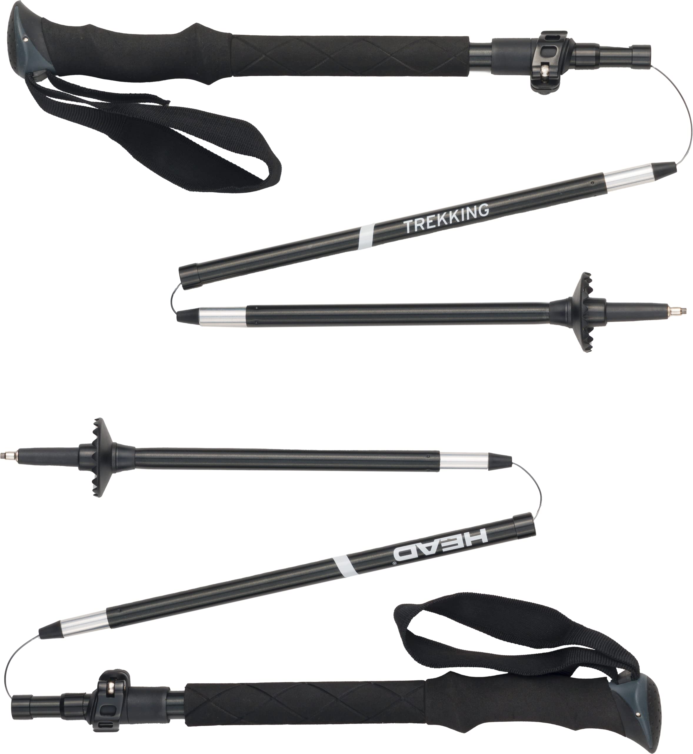 HEAD Bastoncini da Trekking Pieghevoli, altezza Regolabile 115-135 cm, 3 sezioni, diametro 16/14/14 mm,impugnatura ergonomica in PP ed EVA con laccio regolabile, alluminio con punta in acciaio, Nero
