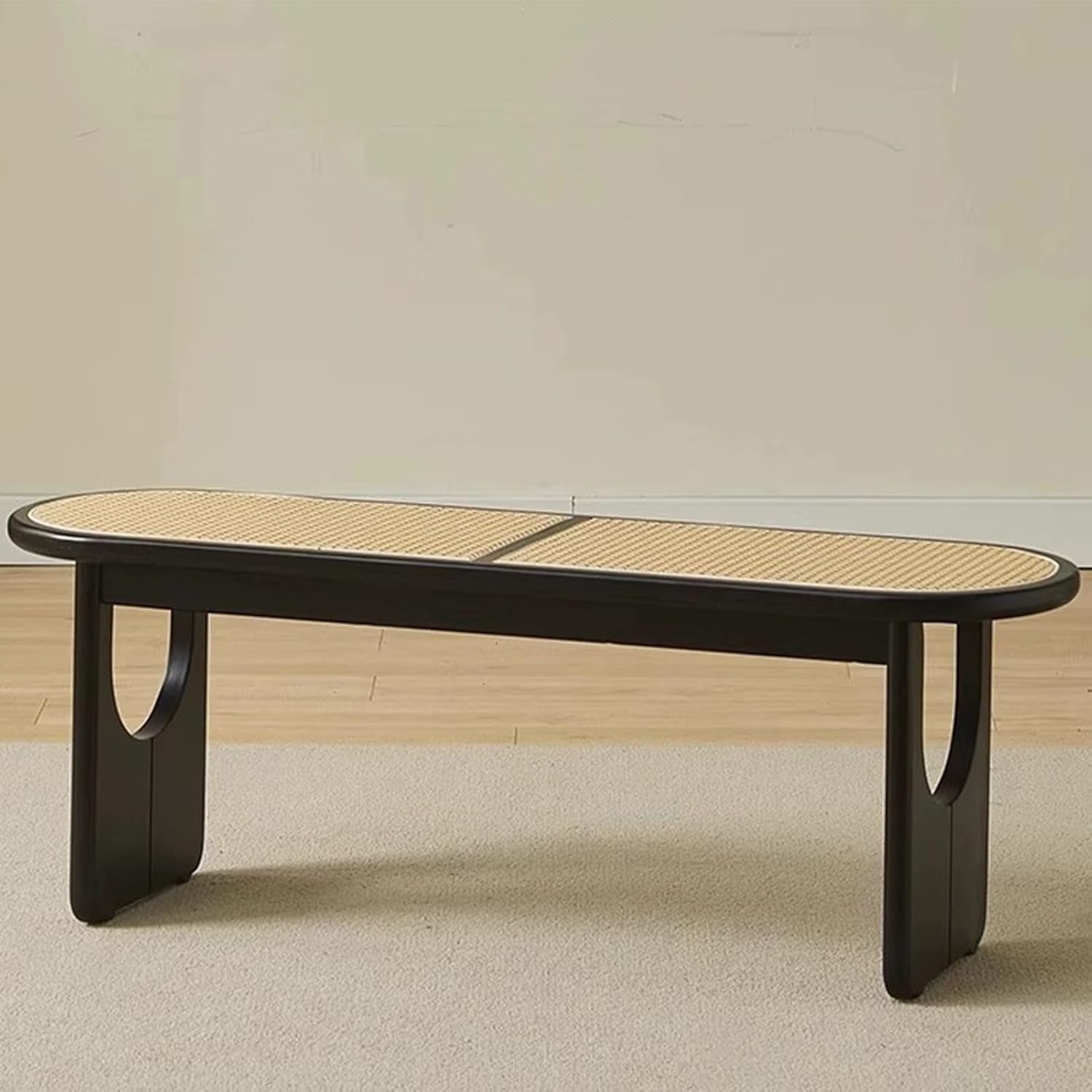 Dining Bench, Wood Bench, Woven Entryway Bench, Farmhouse Wood Bench, Table Benches Rounded Corner, Bench end of Bed, Structural Stability(Black)