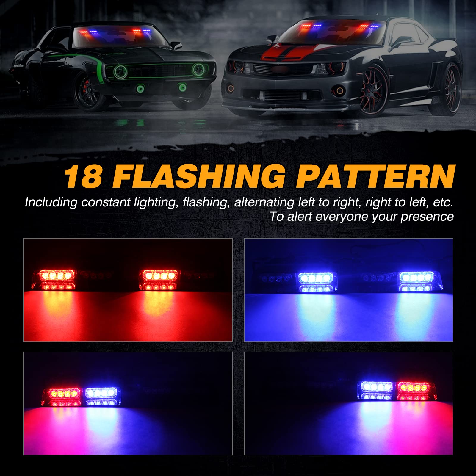 2 luci stroboscopiche di emergenza per parabrezza, 18 LED, 18 lampeggianti, con ventose, 12 V, per auto, camion, veicoli (rosso e blu)