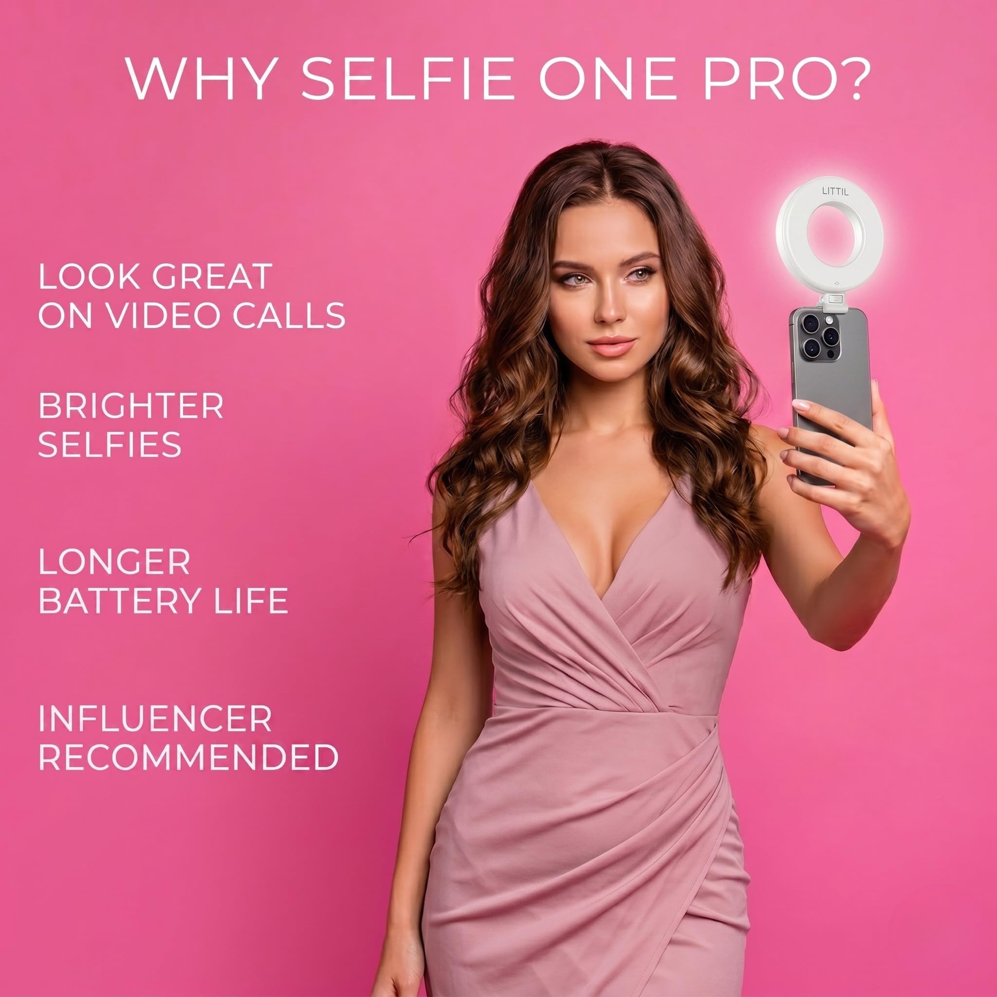 LITTIL Selfie One Pro - Anello luminoso per telefono, iPhone, Android o laptop, 3 modalità di illuminazione regolabili, batterie ricaricabili, clip rimovibile, perfetta per bellezza, influencer
