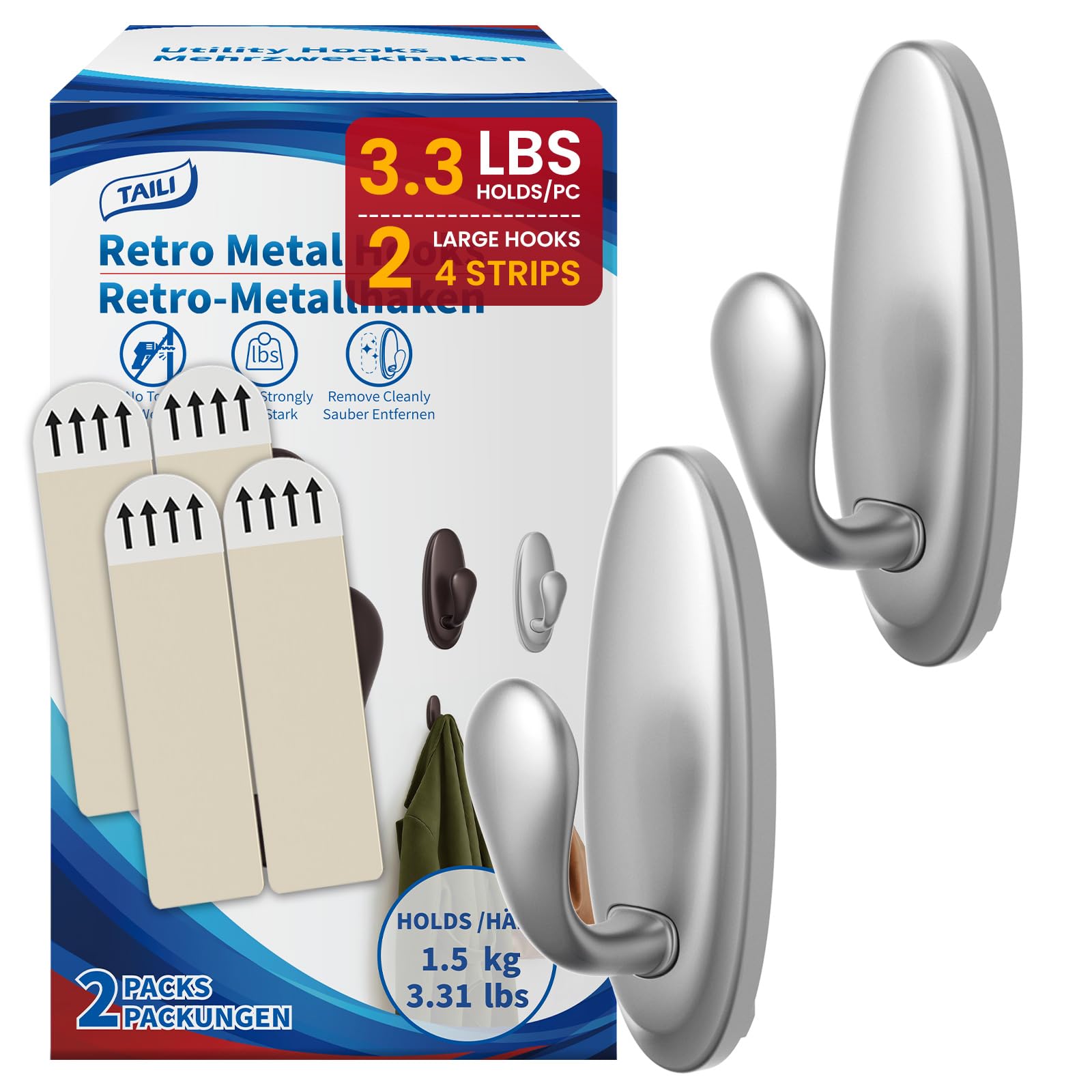 TAILI Metal Adhesive Hooks for Wall No Damage, 2 Pack Heavy Duty Silver