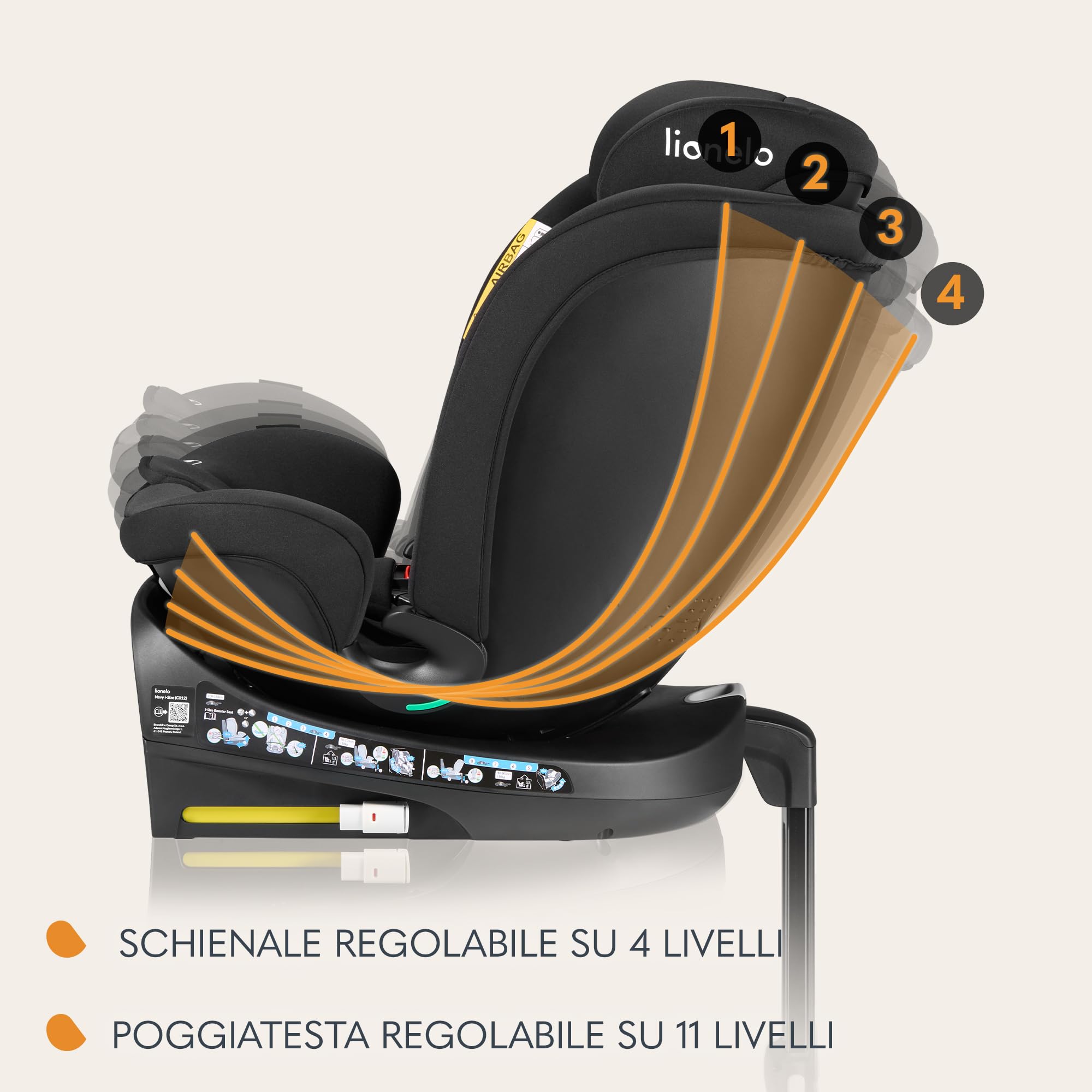 LIONELO Seggiolino Auto NAVY i-Size con ISOFIX, Girevole a 360° e Reclinabile, Bambini 40–150 cm (0–12 anni), Fronte e Retro Marcia, Piede di Supporto, Poggiatesta 11 Livelli, Ventilato e Comodo
