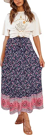 MEROKEETY Women's Boho Floral Print Elastic High Waist Pleated A Line Midi Skirt