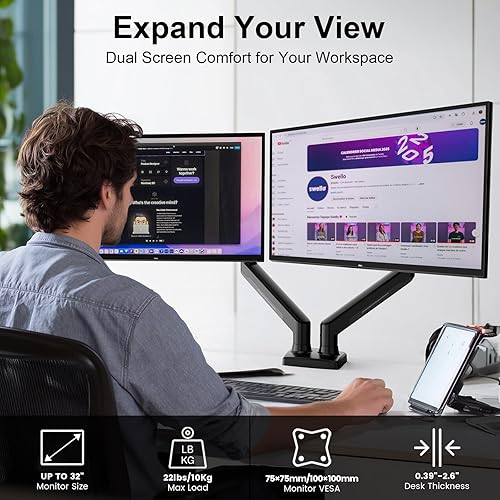 Miniatura 2 de NearHub Soporte de monitor doble para pantalla de computadora de 13-32 pulgadas y hasta 22 libras, rotación de 360, inclinación de +90 a -45, giro