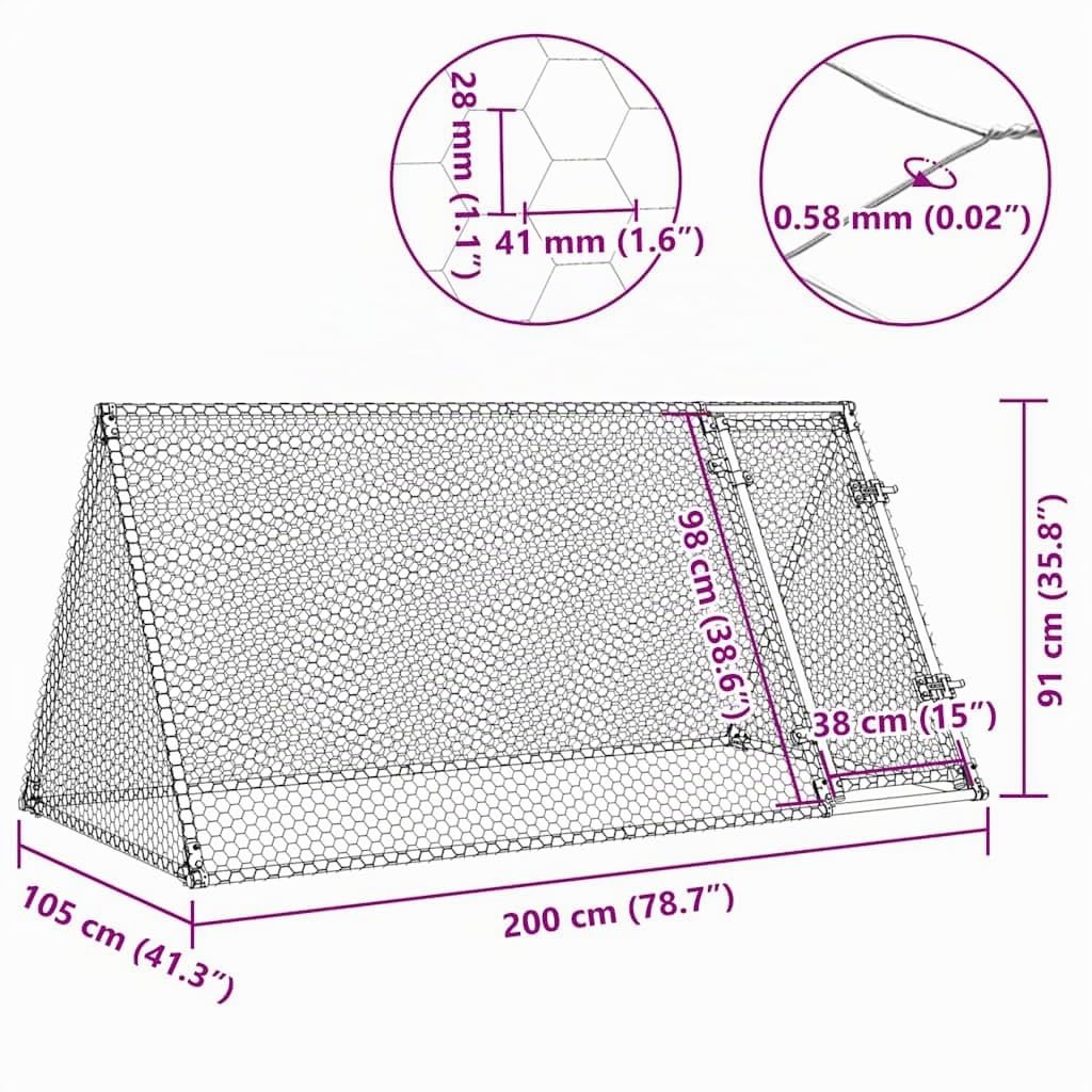 vidaXL Gabbia per Polli Argento 200x105x91 cm in Acciaio Zincato
