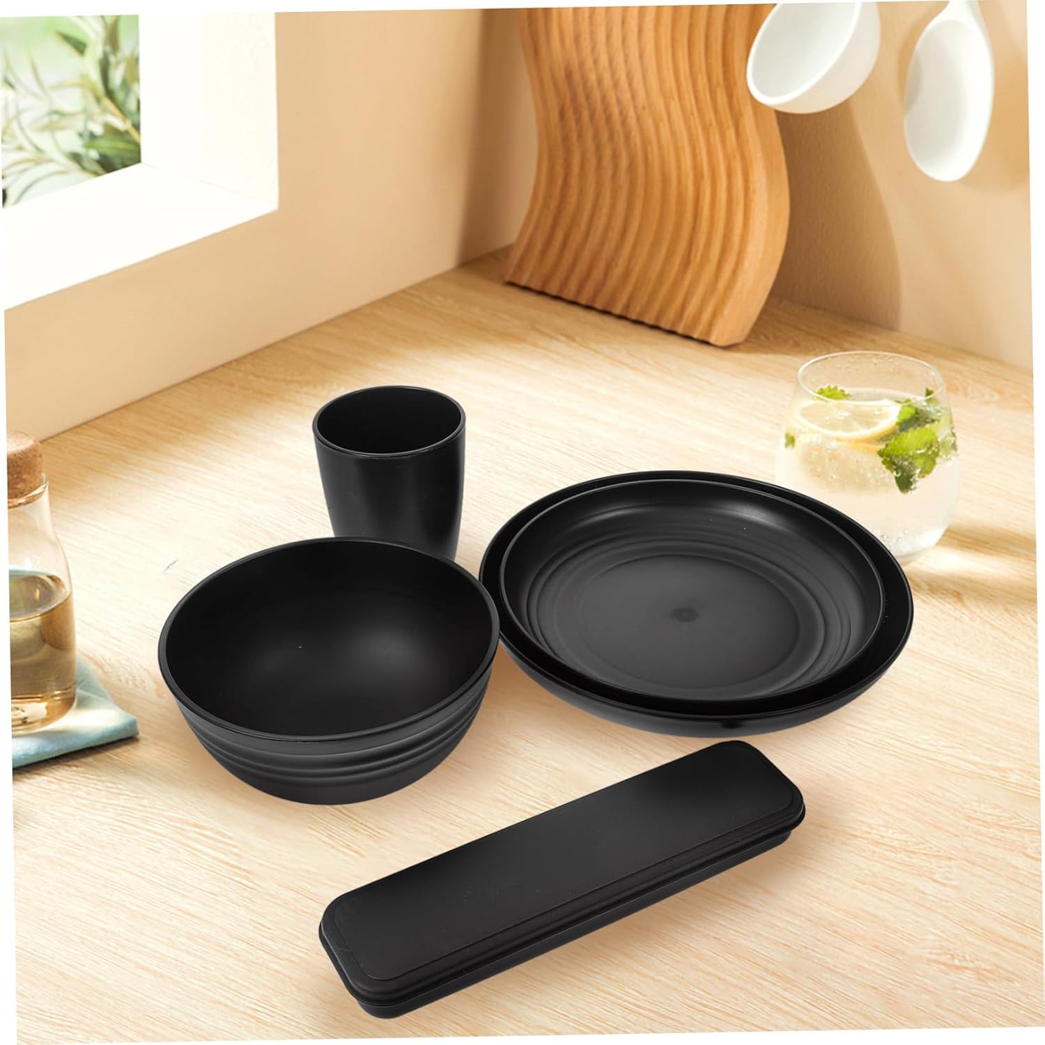4sets Camping Cookware Cutlery Bowl Plate Cup Black Utensils Case for Outdoor Rv