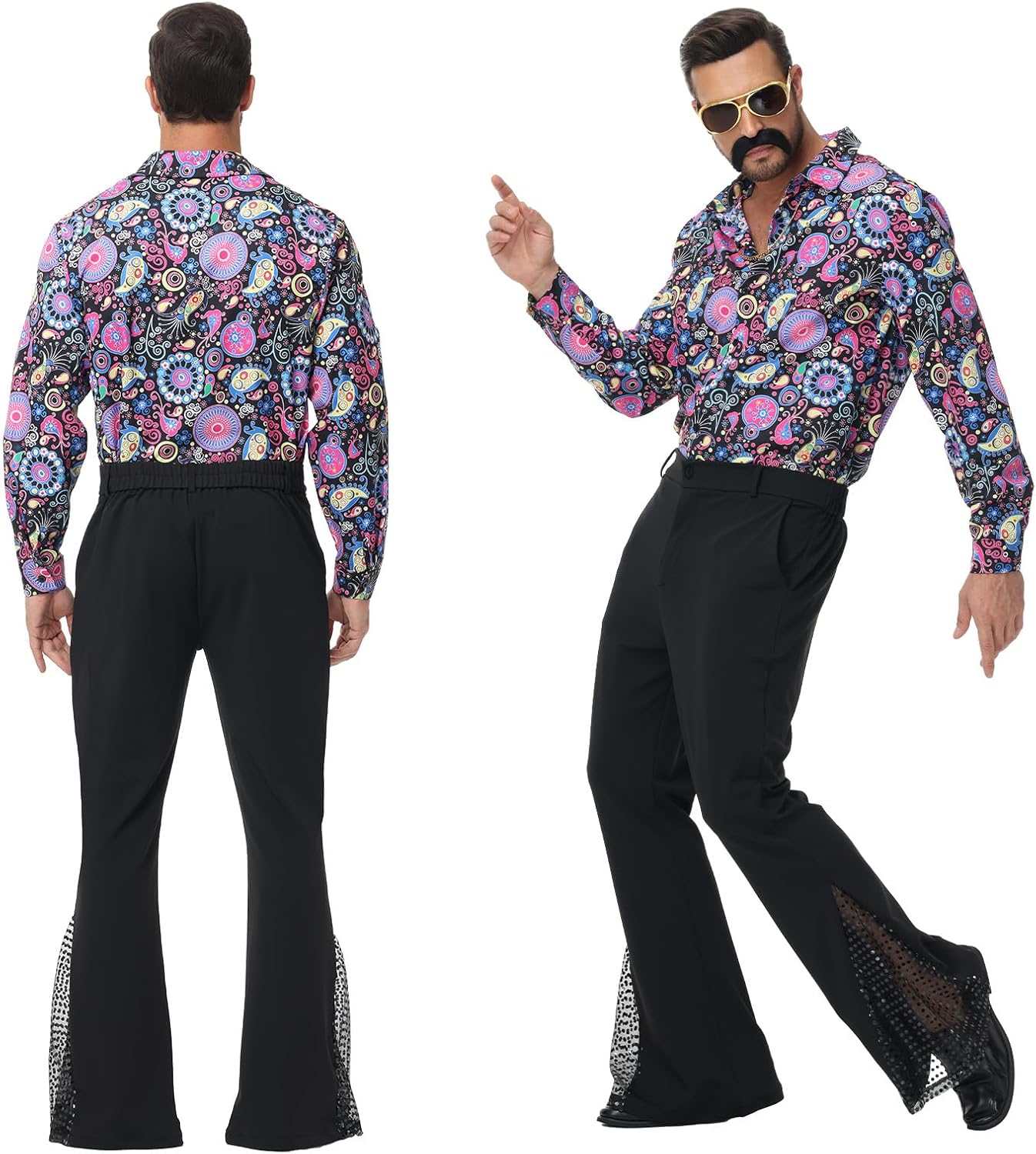 70s Disco Outfits for Men - Retro Bell Bottom Pants & Shirt Set with 70s accessories for Halloween Theme Party - Image 2