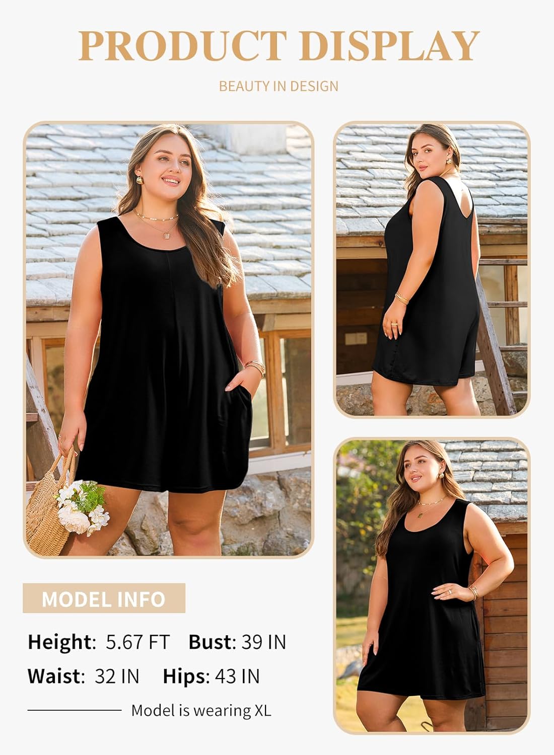 Eytino Womens Plus Size Jumpsuits Crew Neck Casual Sleeveless Solid Short Rompers with Pockets (1X-5X) - Image 3