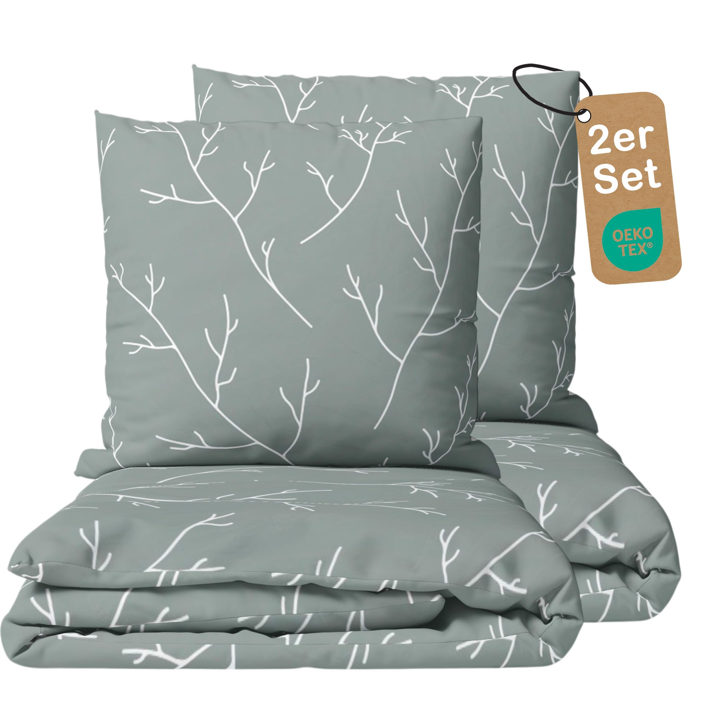 LINKHOFF Renforce Bettwäsche 135x200 Baumwolle 4teilig - Grün mit Blumen 2 Bettbezüge + 2 Kissenbezüge - Grüne Sommerbettwäsche kühlend & bügelfrei - Olivgrün Blätter u. Zweige – Sommer