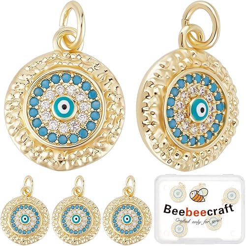 Miniatura 6 de Beebeecraft 1 caja 6 dijes de mal de ojo chapado en oro de 18 quilates redondos de protección turca con cristal de circonita cúbica azul colorido