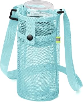 BINSUNS Water Bottle Bag with Strap, Mesh Water Bottle Holder Crossbody Water Bottle Sling Bag Adjustable Shoulder Strap and Pocket - Carrier for Walking Sports Hiking Camping Light Blue