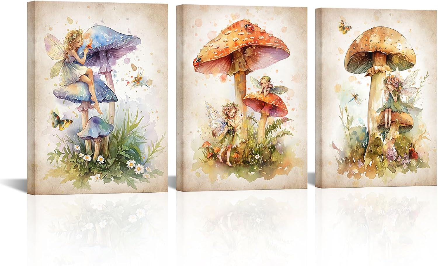 Biuteawal 3 Panels Vintage Mushroom Wall Art Botanical Nature Plant Landscape Picture Butterflies Fairytale Theme Painting Canvas Print Rustic Country Fungus Artwork Framed Home Decoration