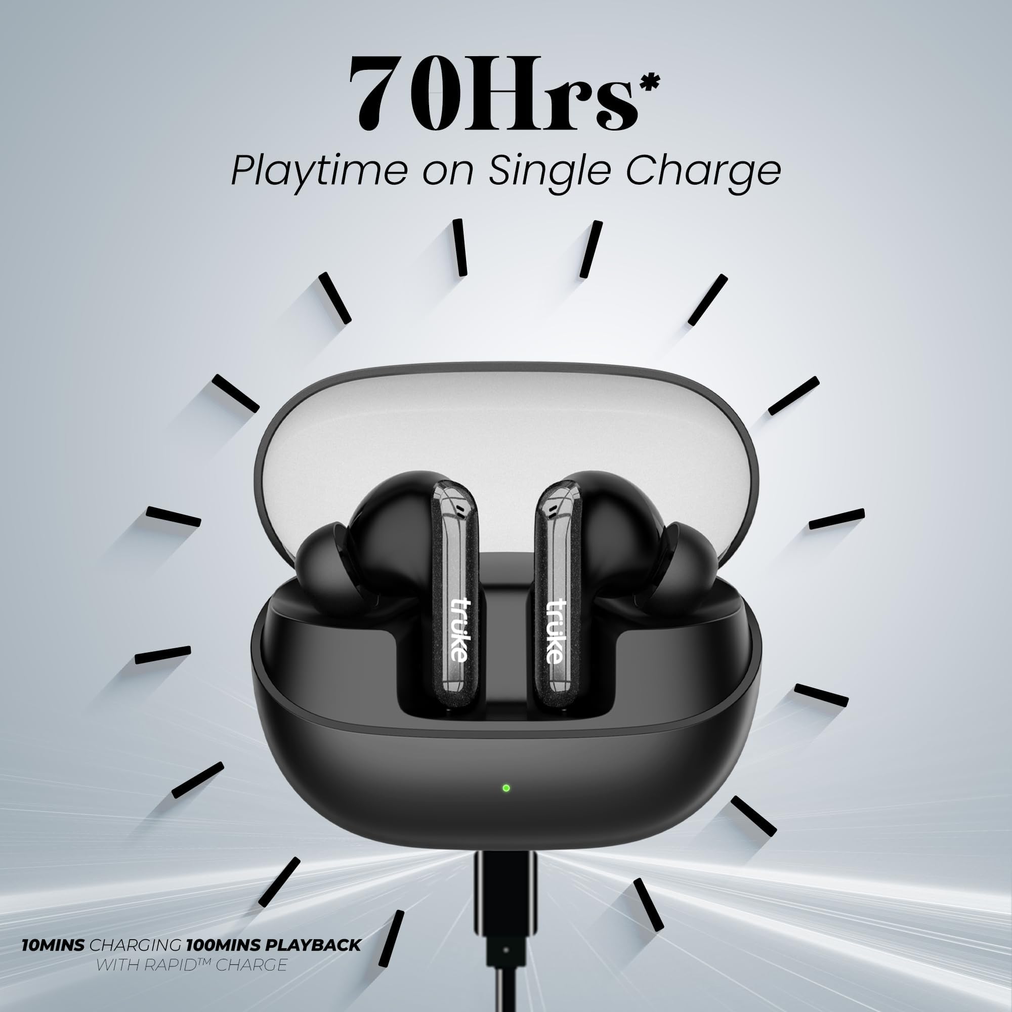 truke New Launch Buds Echo True Wireless in Ear Earbuds with 24-bit Spatial Audio, 13mm Titanium Driver, Dual Pairing Ear Buds, 40ms Latency, 70H Battery Fast Charge TWS, Quad-Mic ENC, BT 5.4 (Black) 4