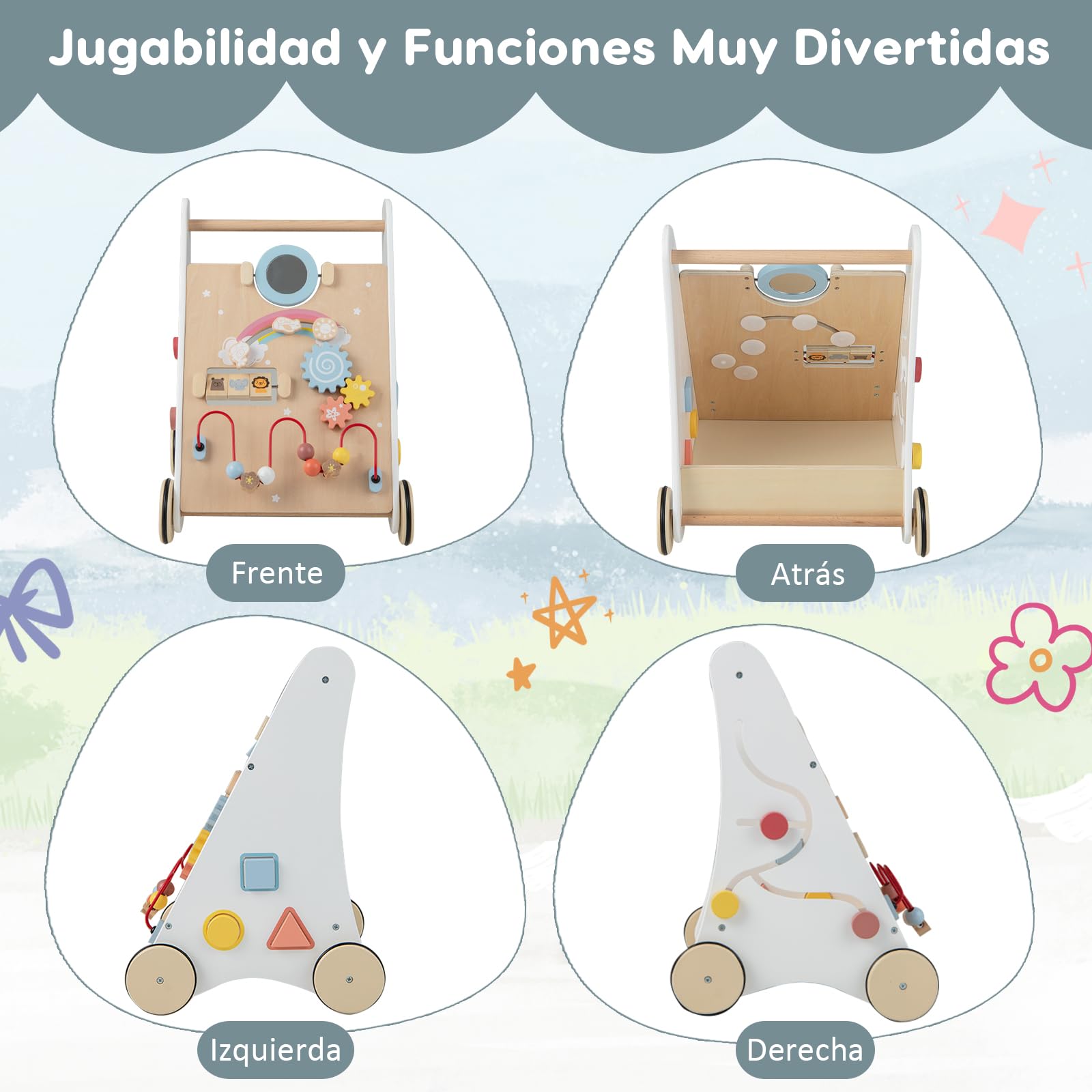 RELAX4LIFE 7 en 1 Andador Bebes de Madera, Parque Infantil Bebe con 7 Juguetes Interactivos y Espacio de Almacenaje, Correpasillos Bebe, Juguete Montessori para Bebés 12+ Meses, 34,5x32,5x45cm, Blanco