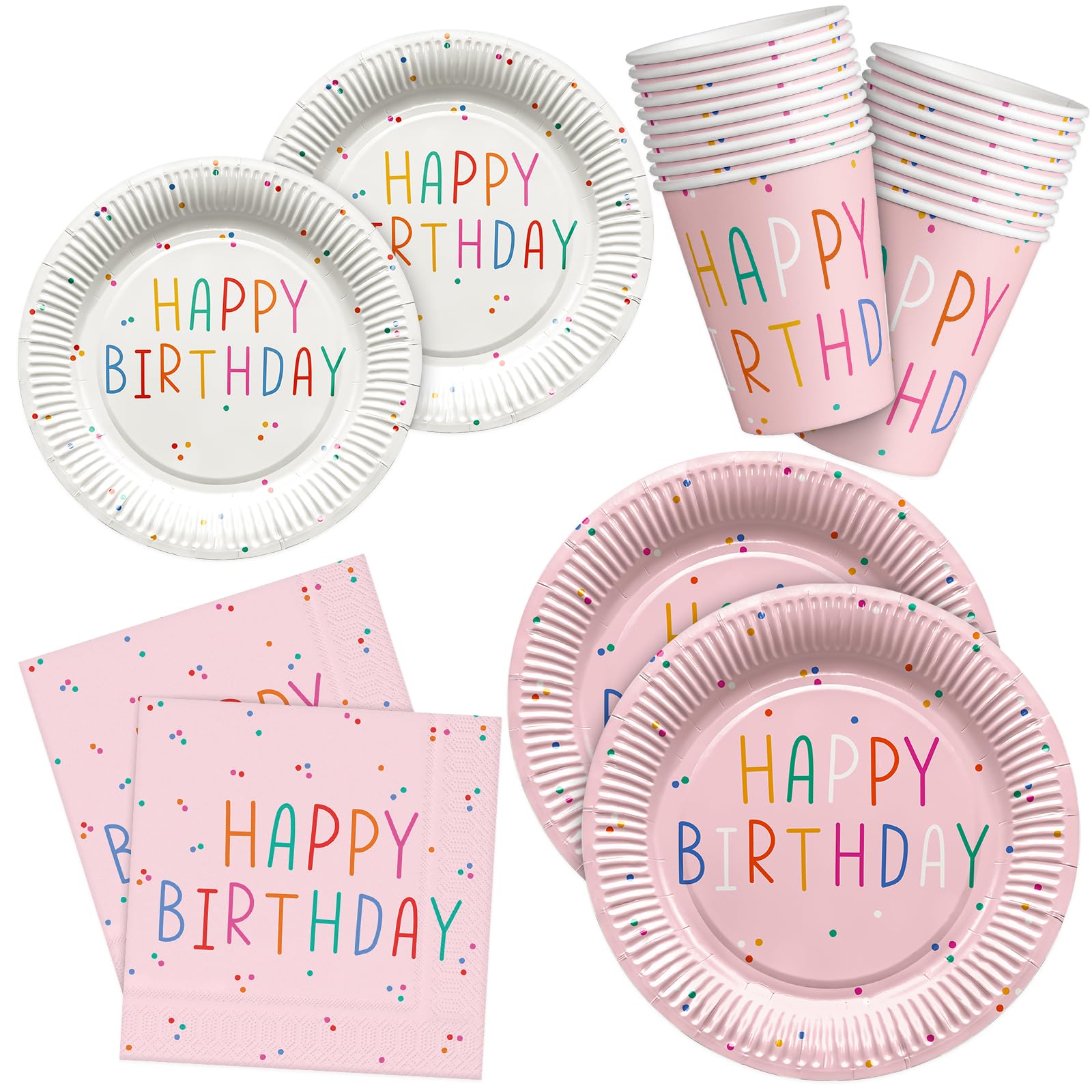 HNH Happy Birthday Party Paper Plates Napkins Cups Set Pink Disposable Tableware