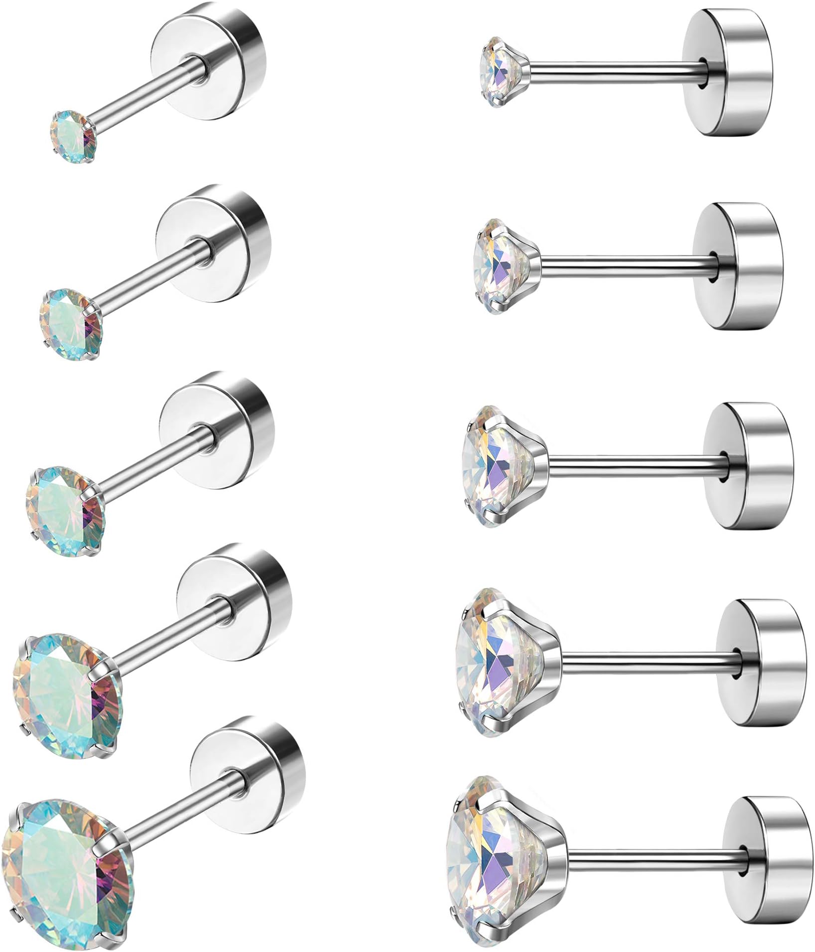 Drperfect 5Pairs 18G Stainless Steel CZ Stud Earrings for Women Men Cartilage Helix Earrings Set Round Cubic Zirconia Screwback Flat Back Stud Ear Piercing