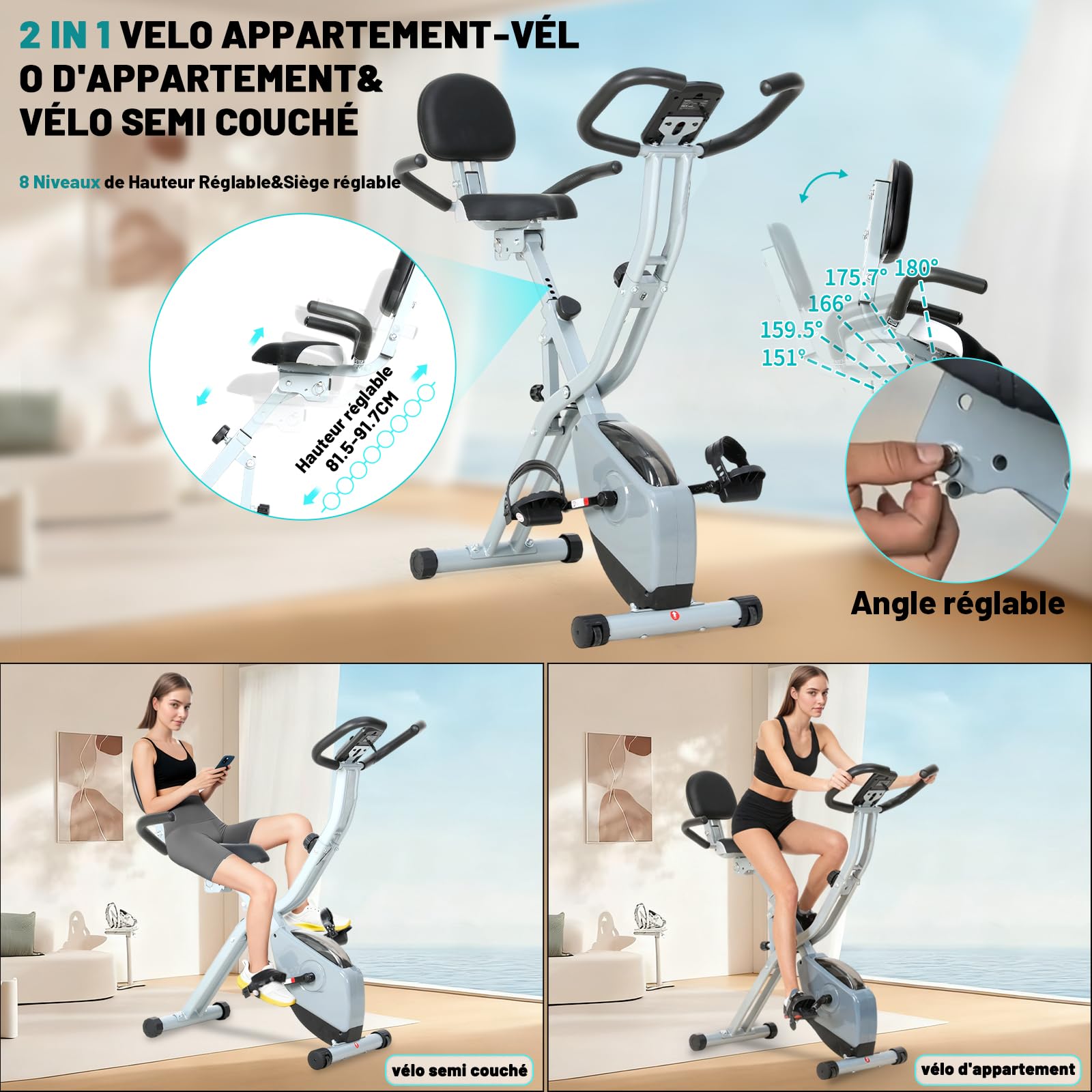 ISE 2-IN-1 Vélo d'Appartement Pliable, Cardio Training 8 Niveaux Résistance Magnétique, Bluetooth
