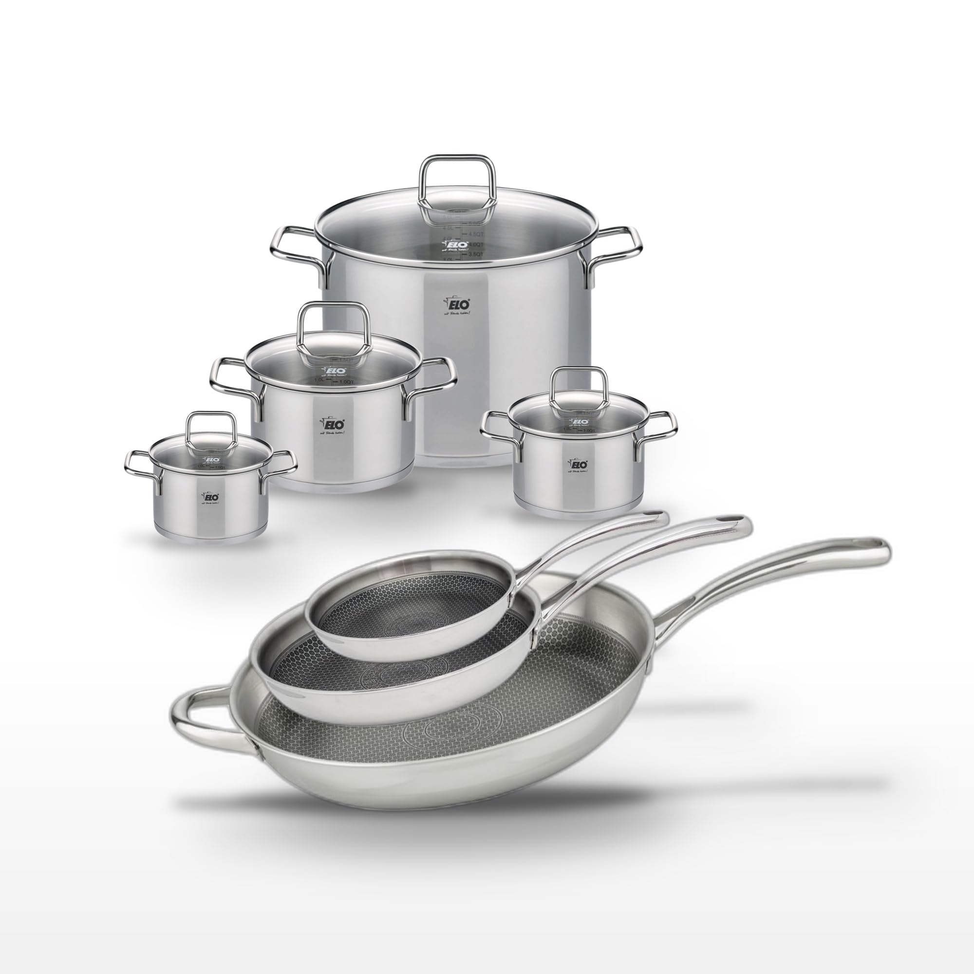 Elo Batterie de cuisine 3 poêles 24/28/32 cm et 4 faitouts 14/16/20/26 cm | Cuisson homogène, 7 pièces pour équiper la cuisine, Inox 18/10, Poêles 24 28 32 cm, Faitouts 14 16 20 26 cm, Induction four