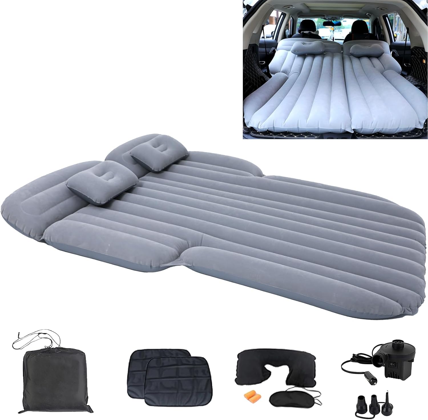 Inflatable SUV Air Mattress,Thickened Flocking Car Travel Camping Bed with 2 Pillows & Air Pump,Portable Car Sleeping Mattress for SUV Trunk and Rear
